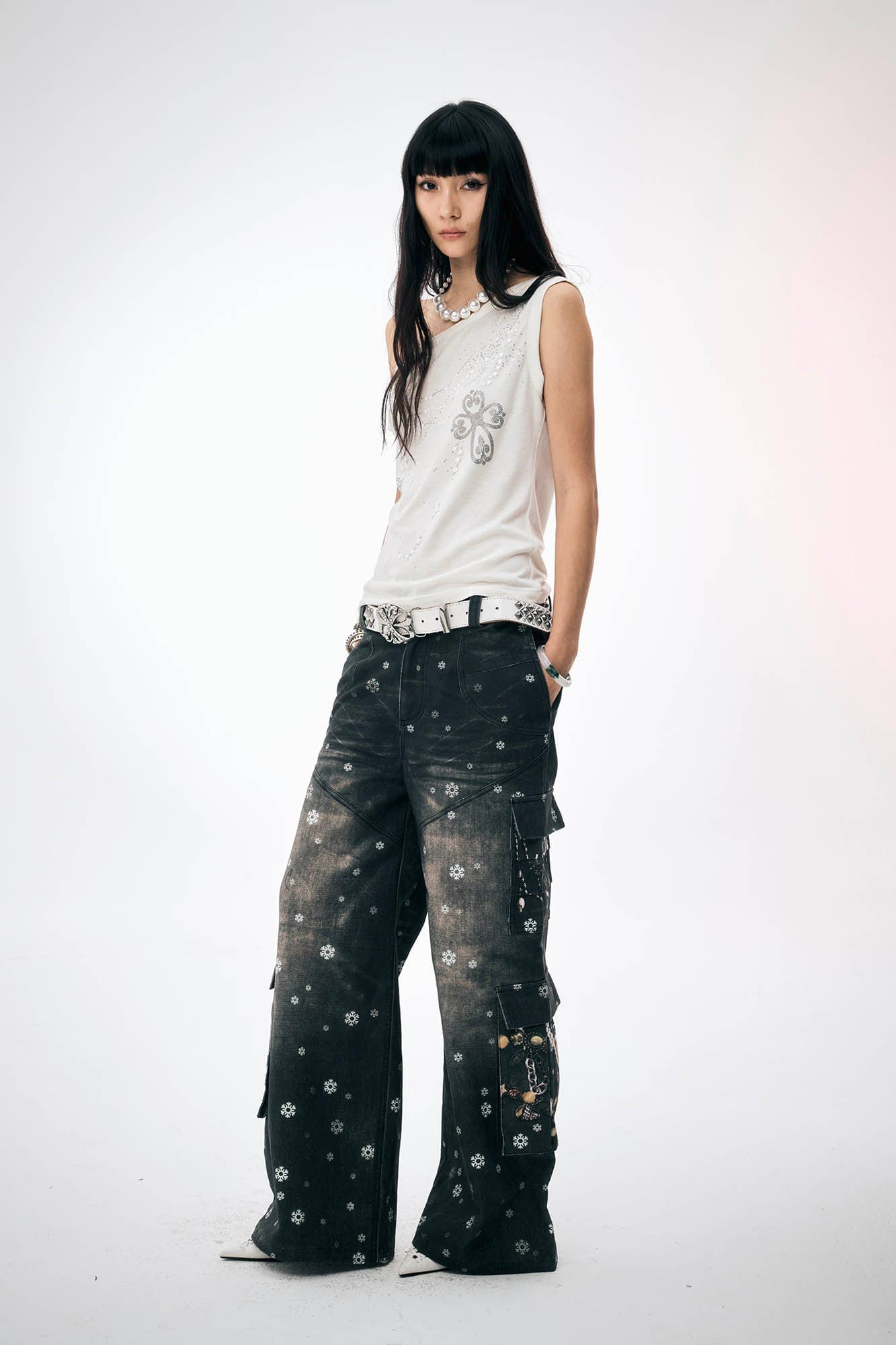 DND4DES×Faychui Snowflake Full-Print Spliced Multi-Pocket Jeans