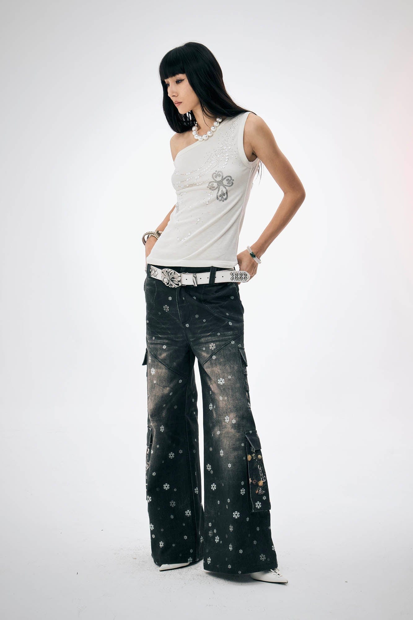 DND4DES×Faychui Snowflake Full-Print Spliced Multi-Pocket Jeans