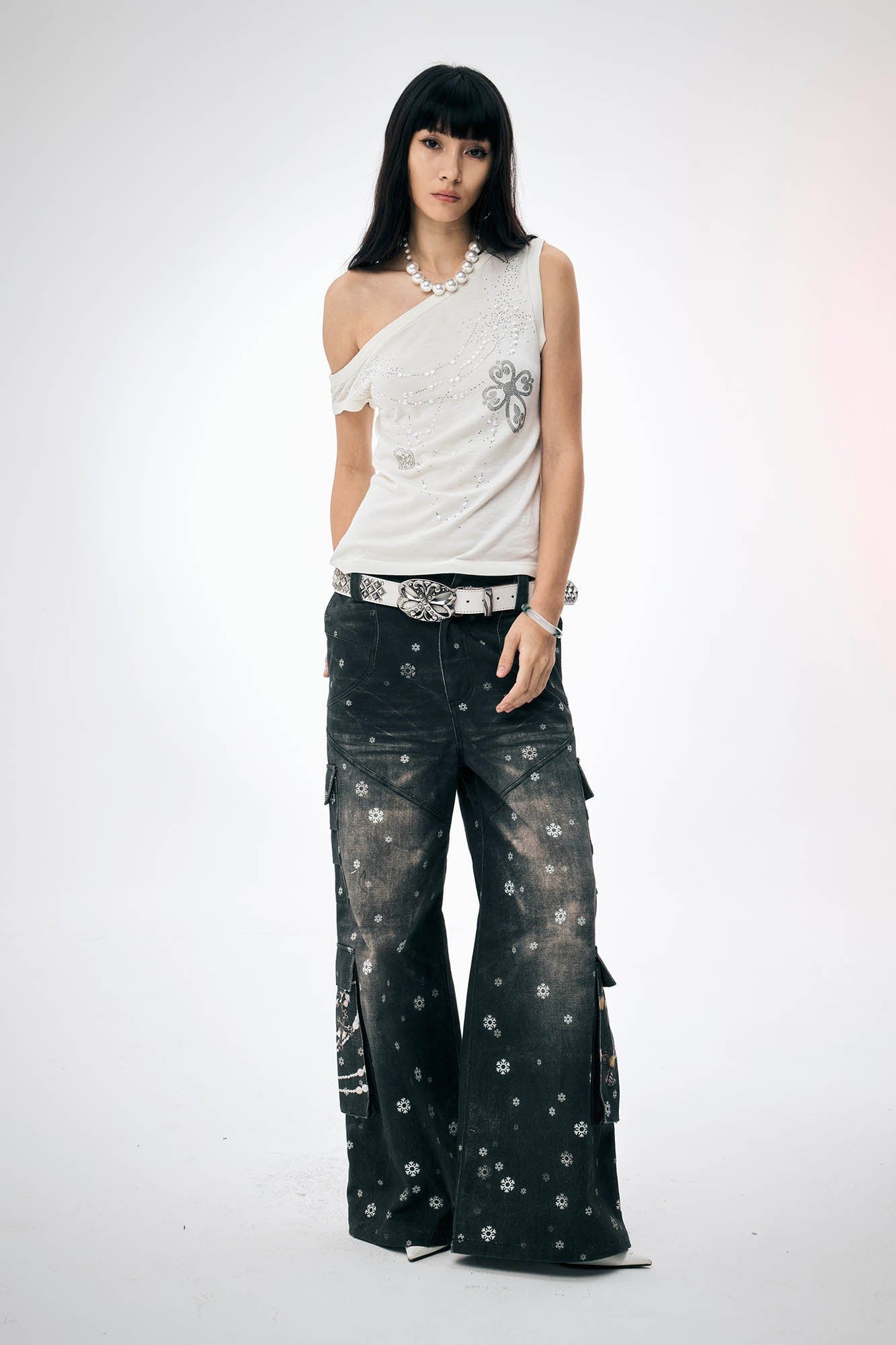 DND4DES×Faychui Snowflake Full-Print Spliced Multi-Pocket Jeans