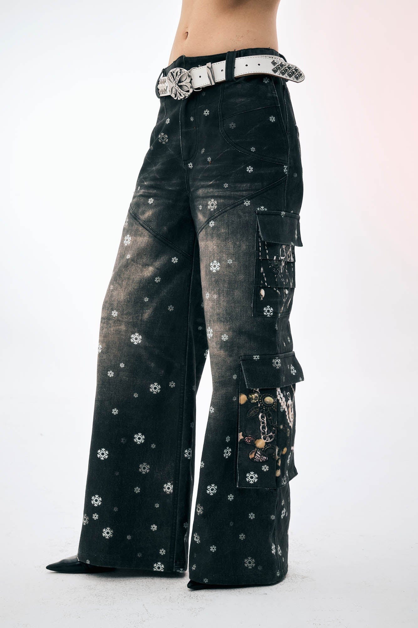 DND4DES×Faychui Snowflake Full-Print Spliced Multi-Pocket Jeans
