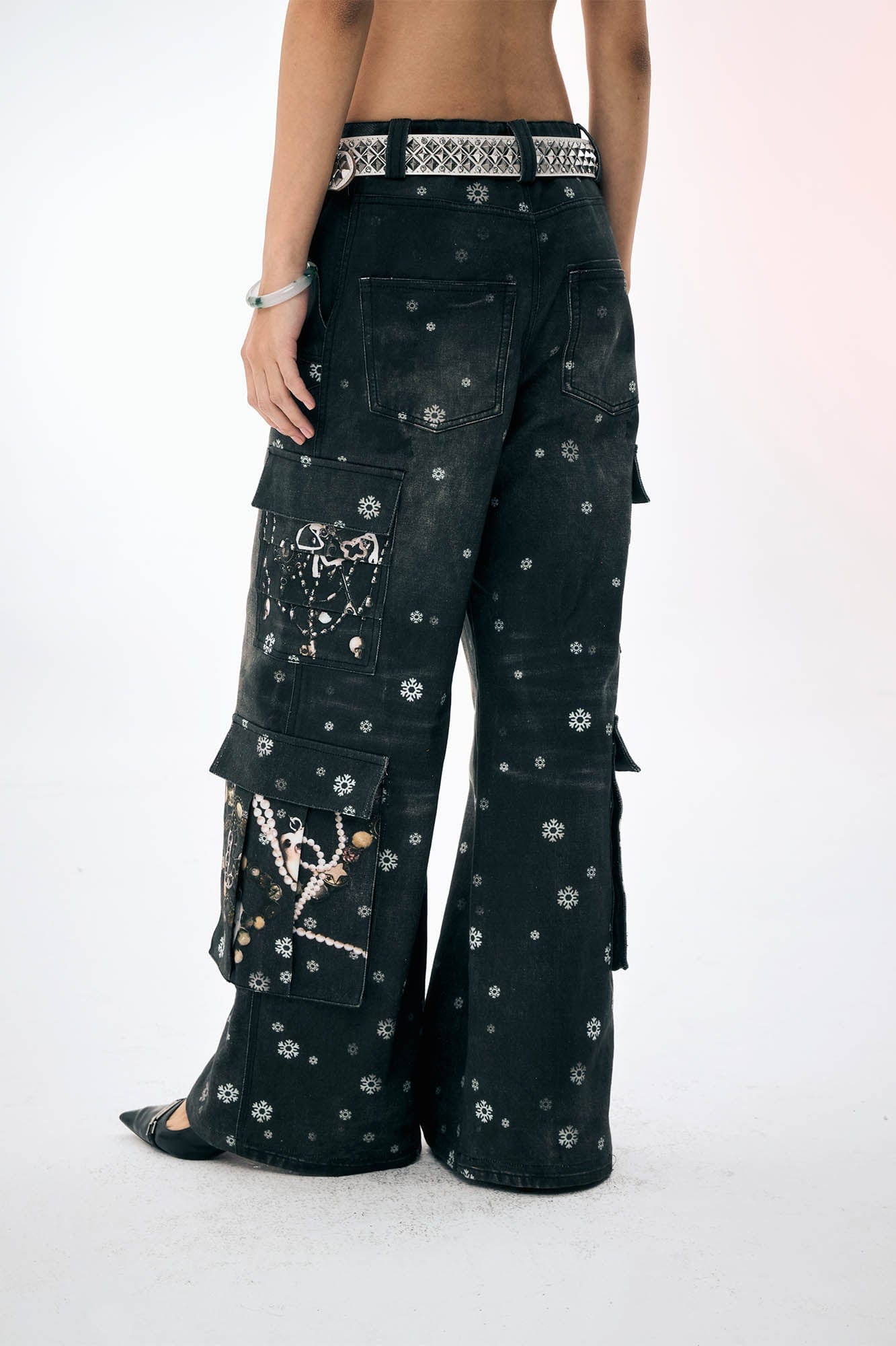 DND4DES×Faychui Snowflake Full-Print Spliced Multi-Pocket Jeans