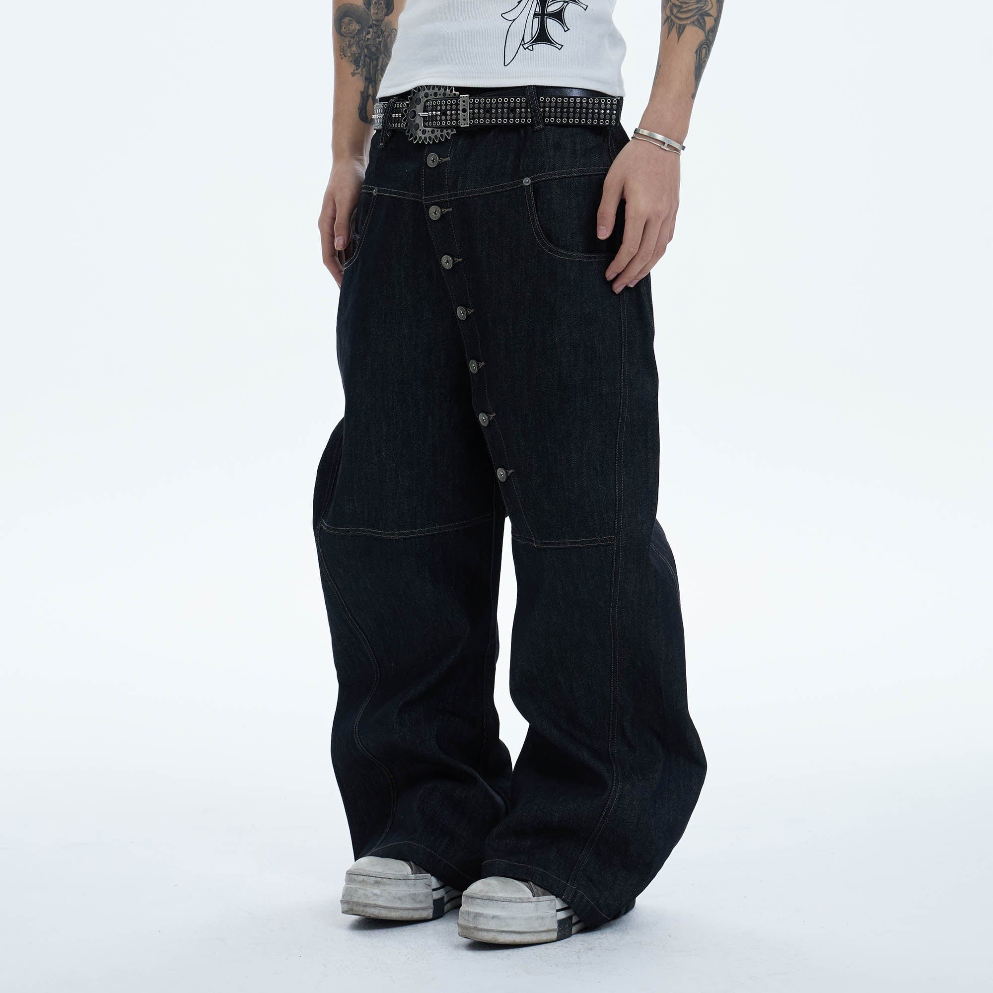 DND4DES Asymmetric Button-Fly Spliced Baggy Jeans
