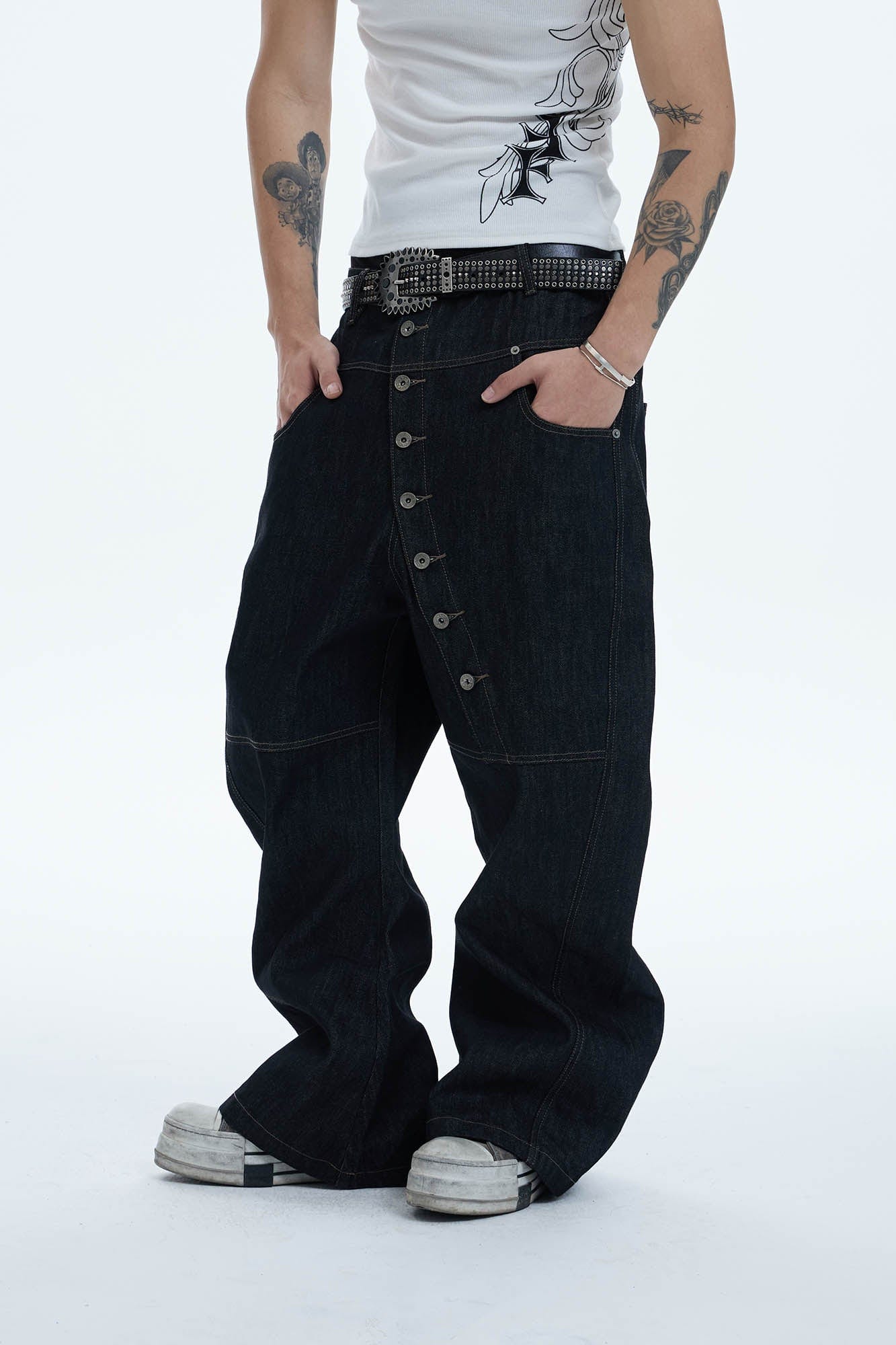 DND4DES Asymmetric Button-Fly Spliced Baggy Jeans