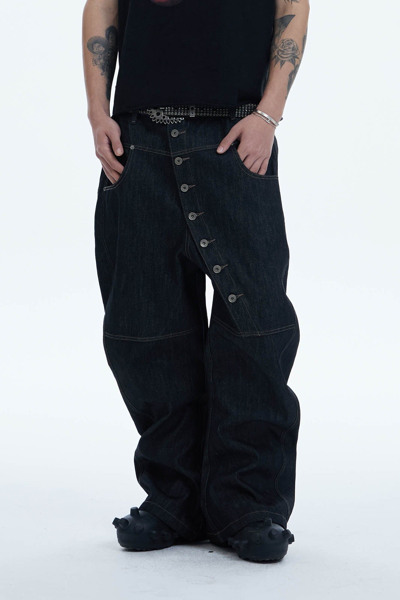 DND4DES Asymmetric Button-Fly Spliced Baggy Jeans