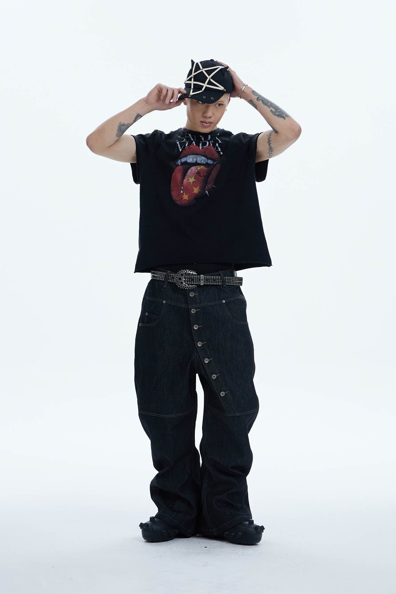 DND4DES Asymmetric Button-Fly Spliced Baggy Jeans