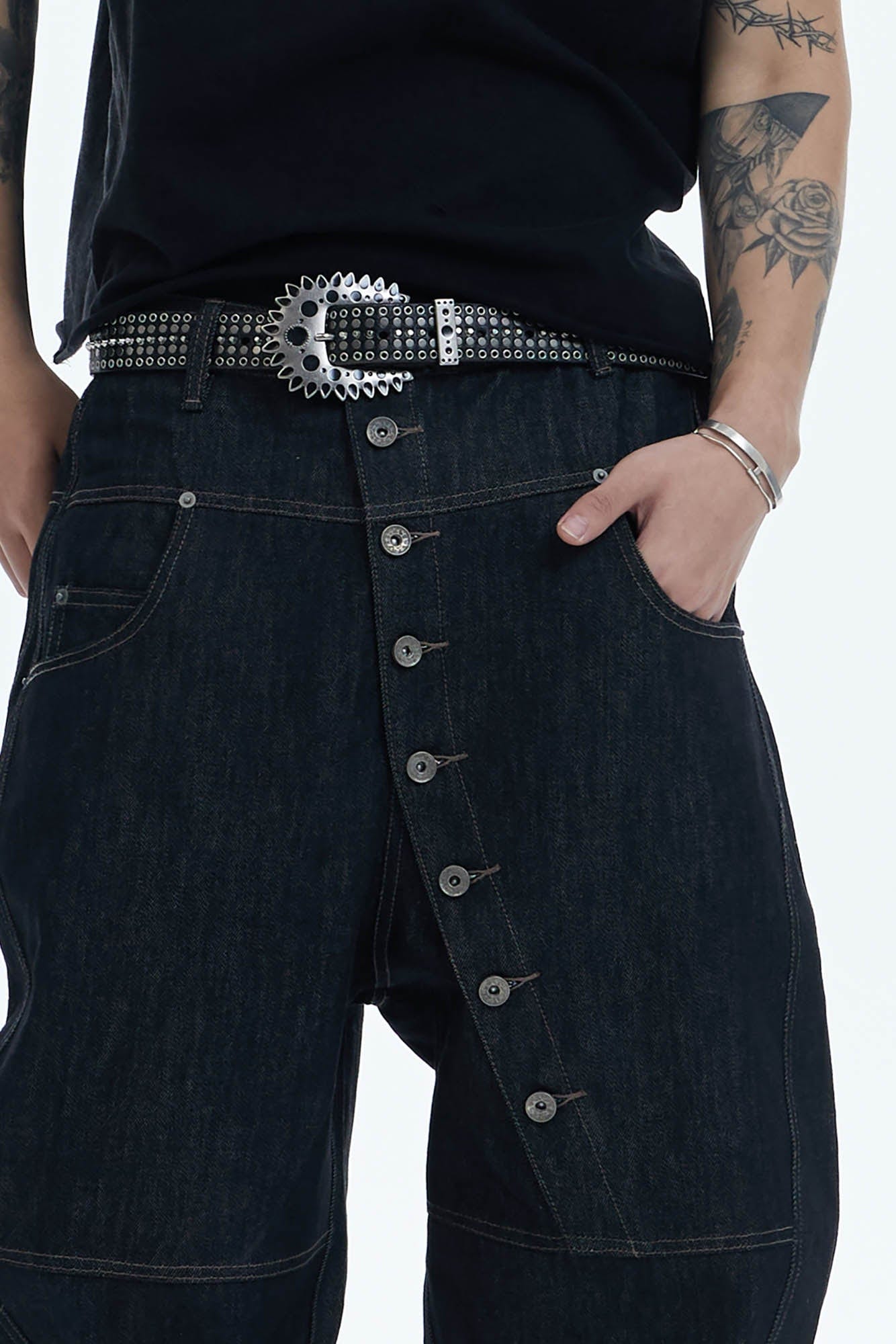 DND4DES Asymmetric Button-Fly Spliced Baggy Jeans