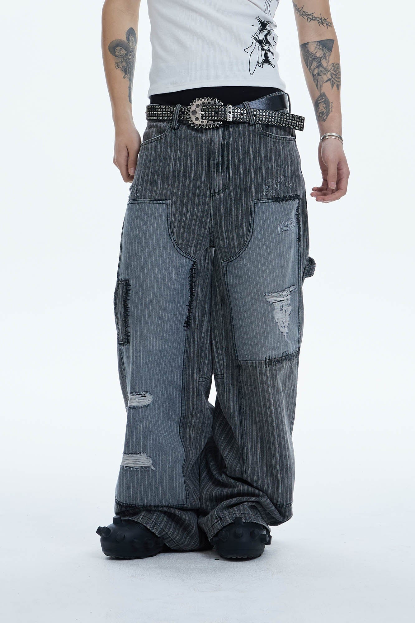 DND4DES Striped Patchwork Distressed Baggy Jeans