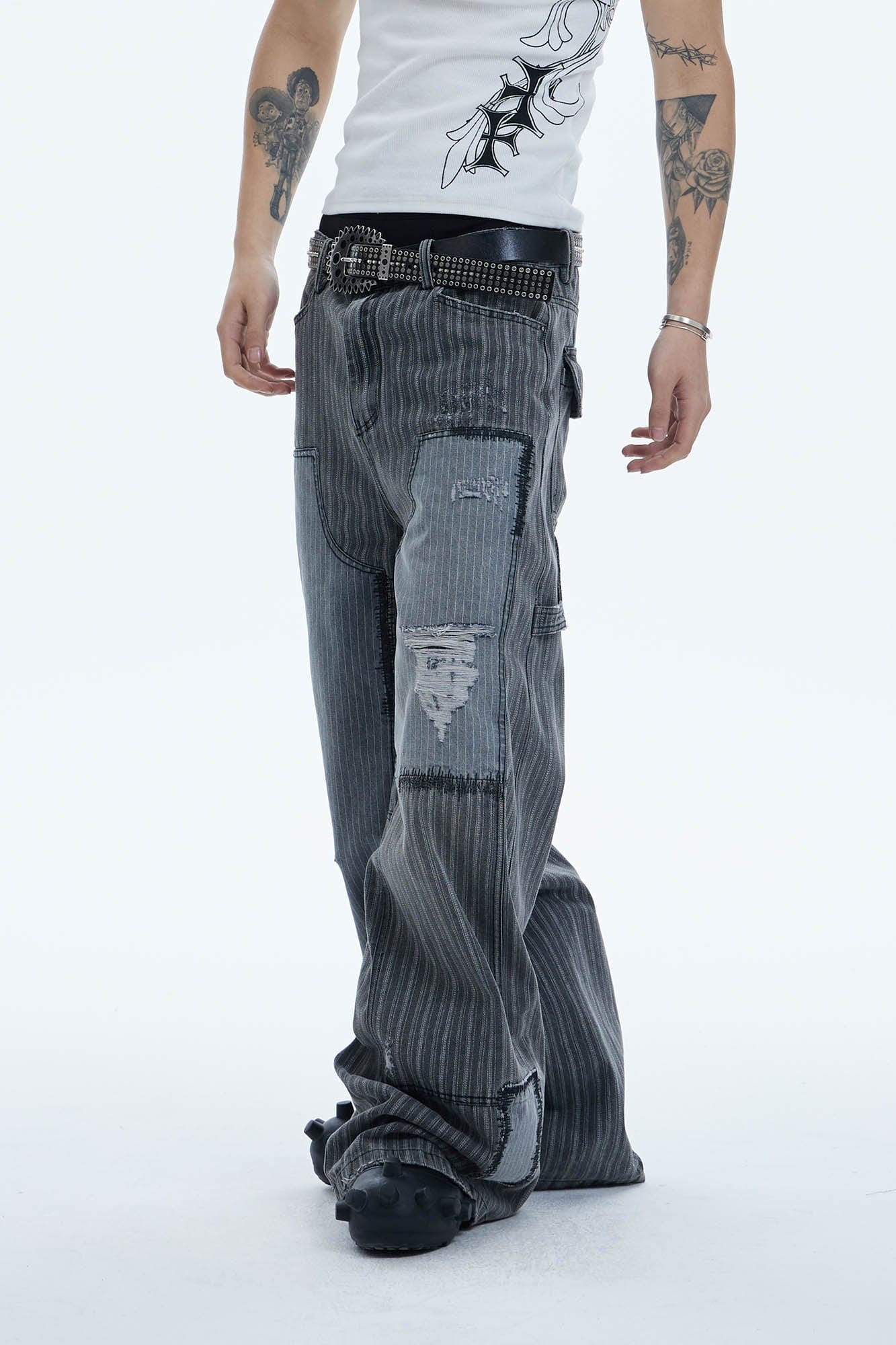 DND4DES Striped Patchwork Distressed Baggy Jeans