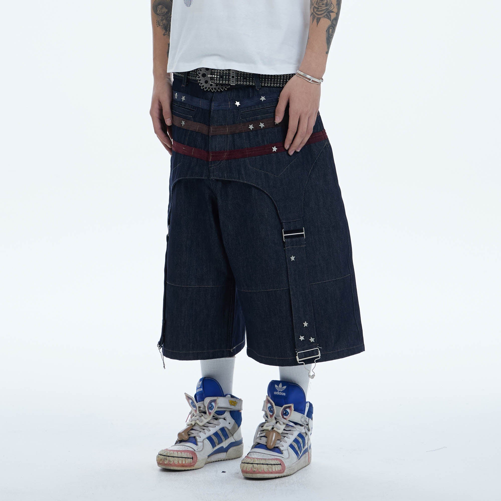 DND4DES Star-Rivet Harness-Layered Denim Shorts
