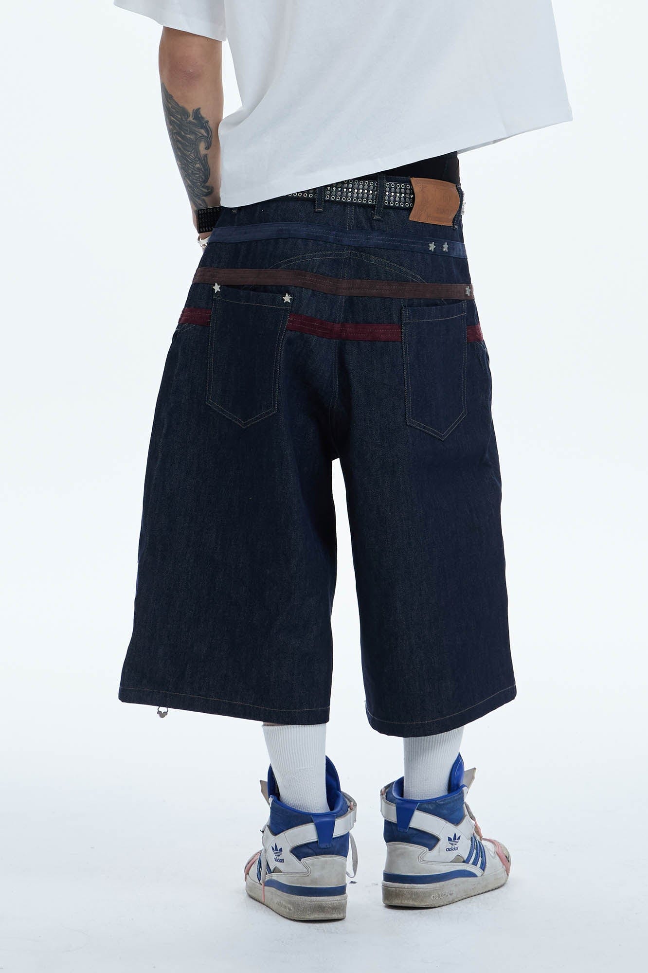 DND4DES Star-Rivet Harness-Layered Denim Shorts