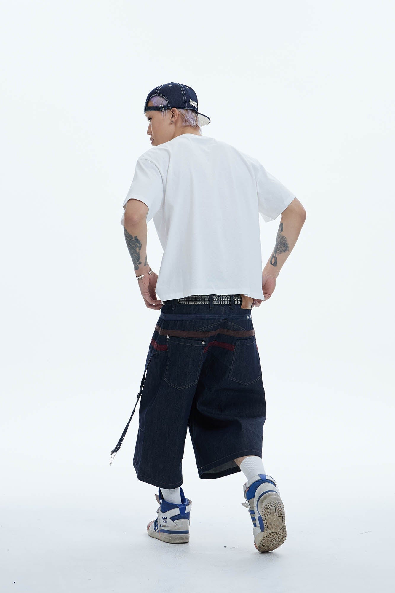 DND4DES Star-Rivet Harness-Layered Denim Shorts