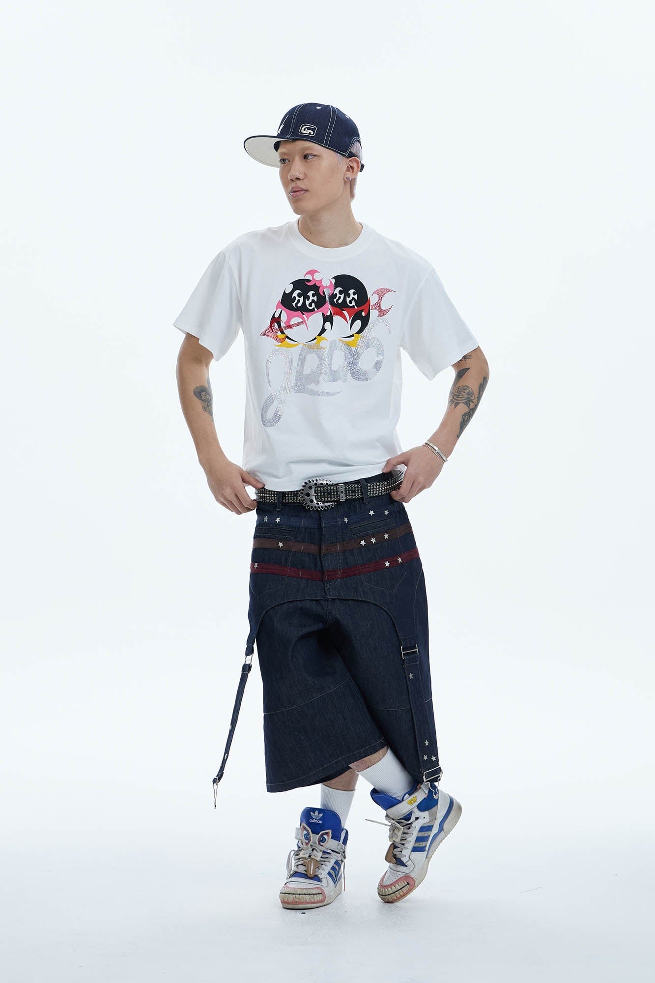 DND4DES Star-Rivet Harness-Layered Denim Shorts