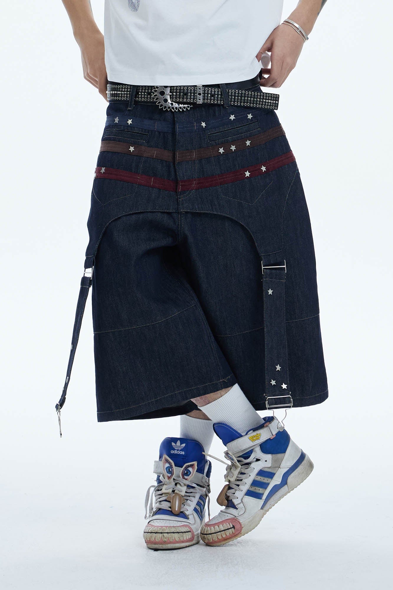 DND4DES Star-Rivet Harness-Layered Denim Shorts