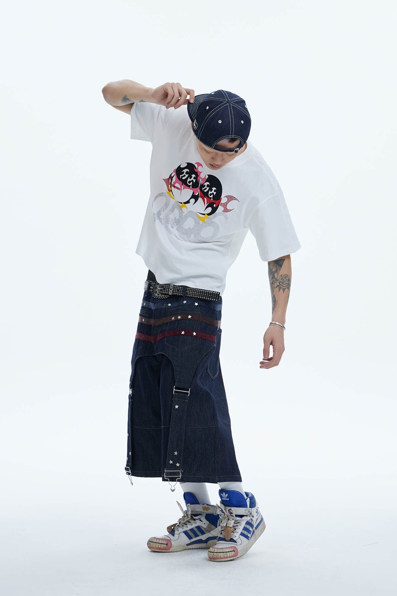 DND4DES Star-Rivet Harness-Layered Denim Shorts