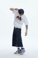 DND4DES Star-Rivet Harness-Layered Denim Shorts