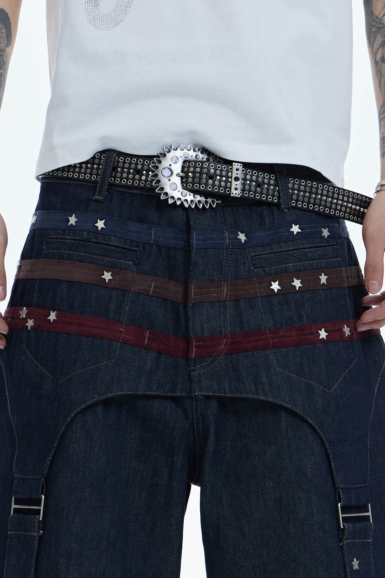 DND4DES Star-Rivet Harness-Layered Denim Shorts