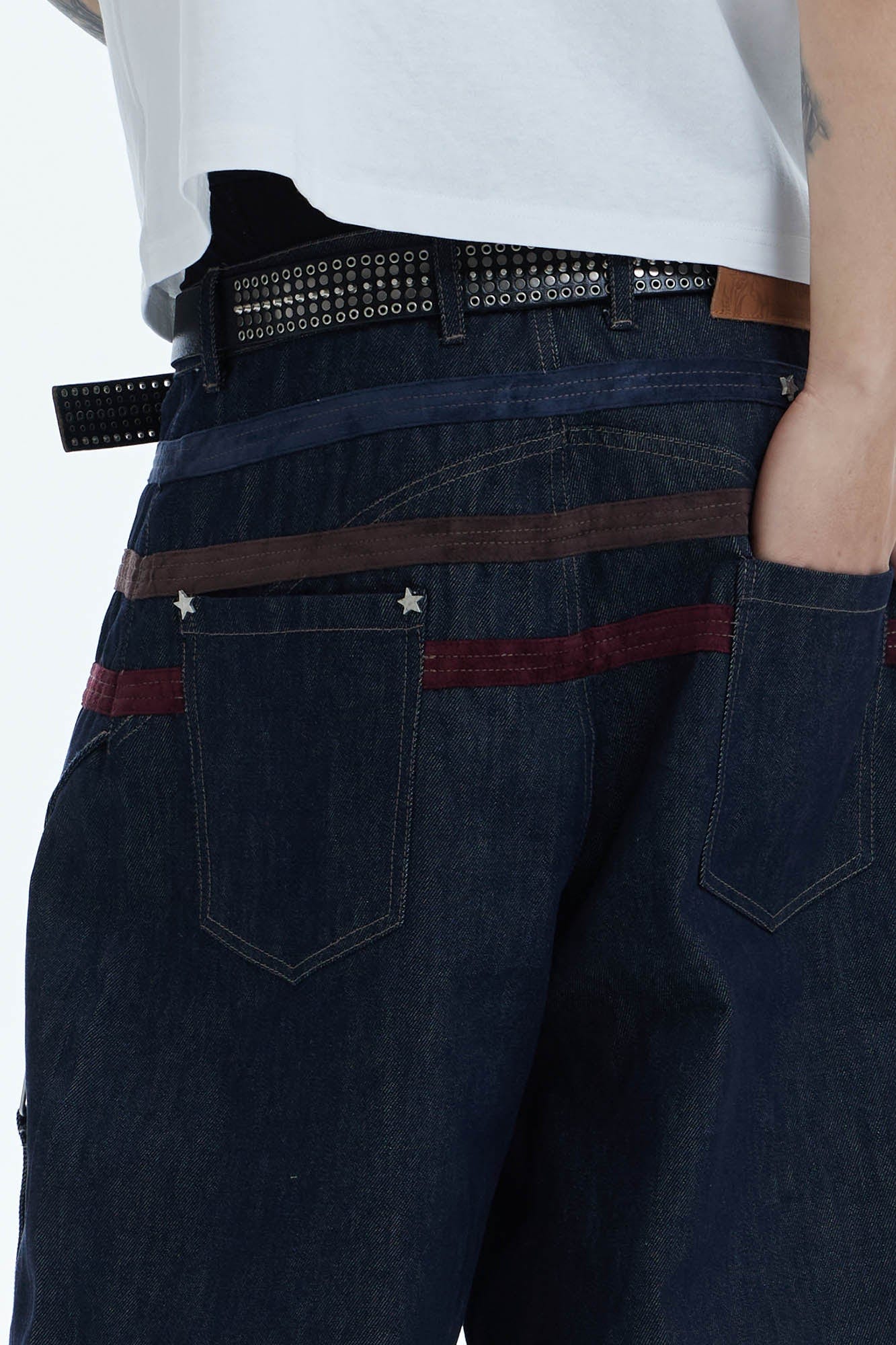 DND4DES Star-Rivet Harness-Layered Denim Shorts