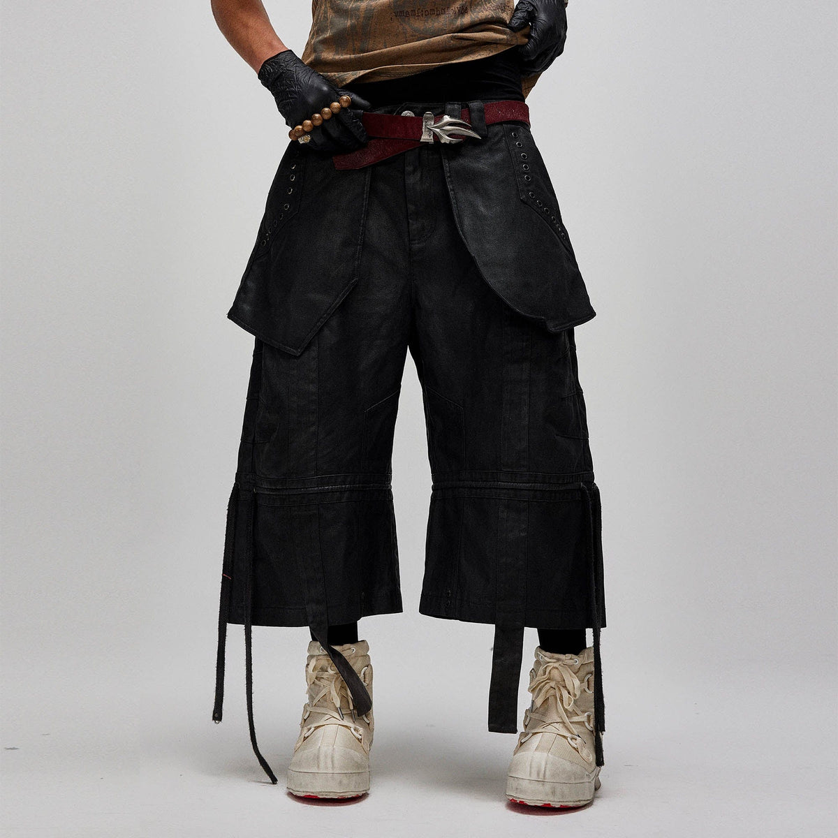 FLYERRER Waxed Layered Drape Strap Shorts