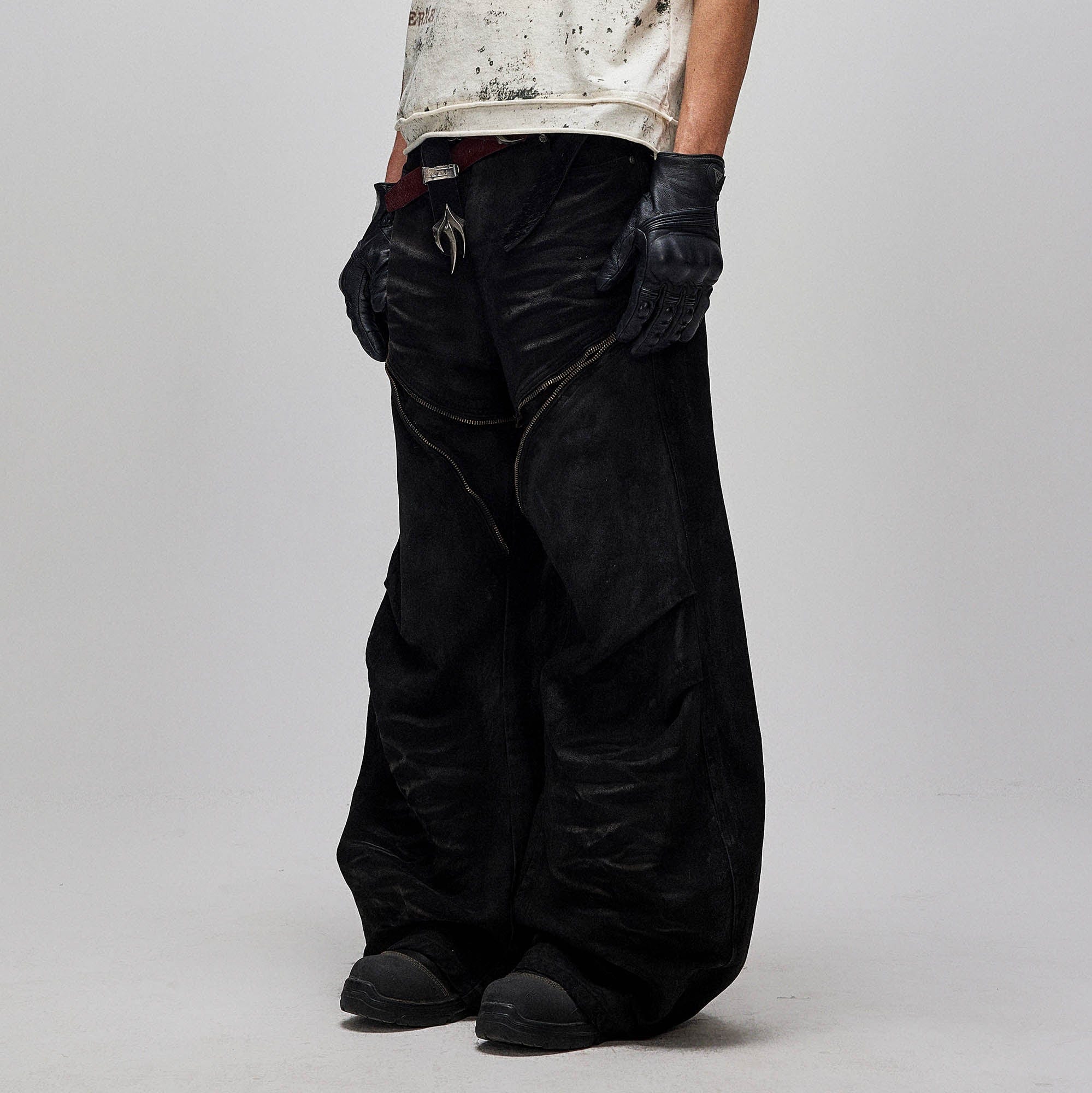 FLYERRER Distressed Waxed Zipper-Paneled Scimitar Pants