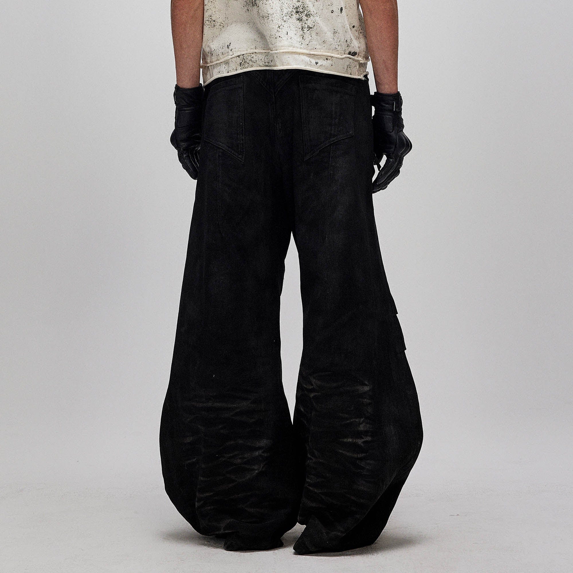 FLYERRER Distressed Waxed Zipper-Paneled Scimitar Pants