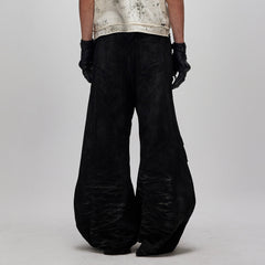 FLYERRER Distressed Waxed Zipper-Paneled Scimitar Pants