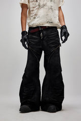 FLYERRER Distressed Waxed Zipper-Paneled Scimitar Pants