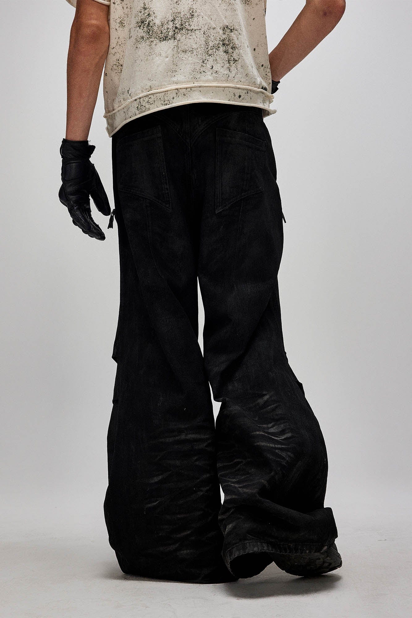FLYERRER Distressed Waxed Zipper-Paneled Scimitar Pants