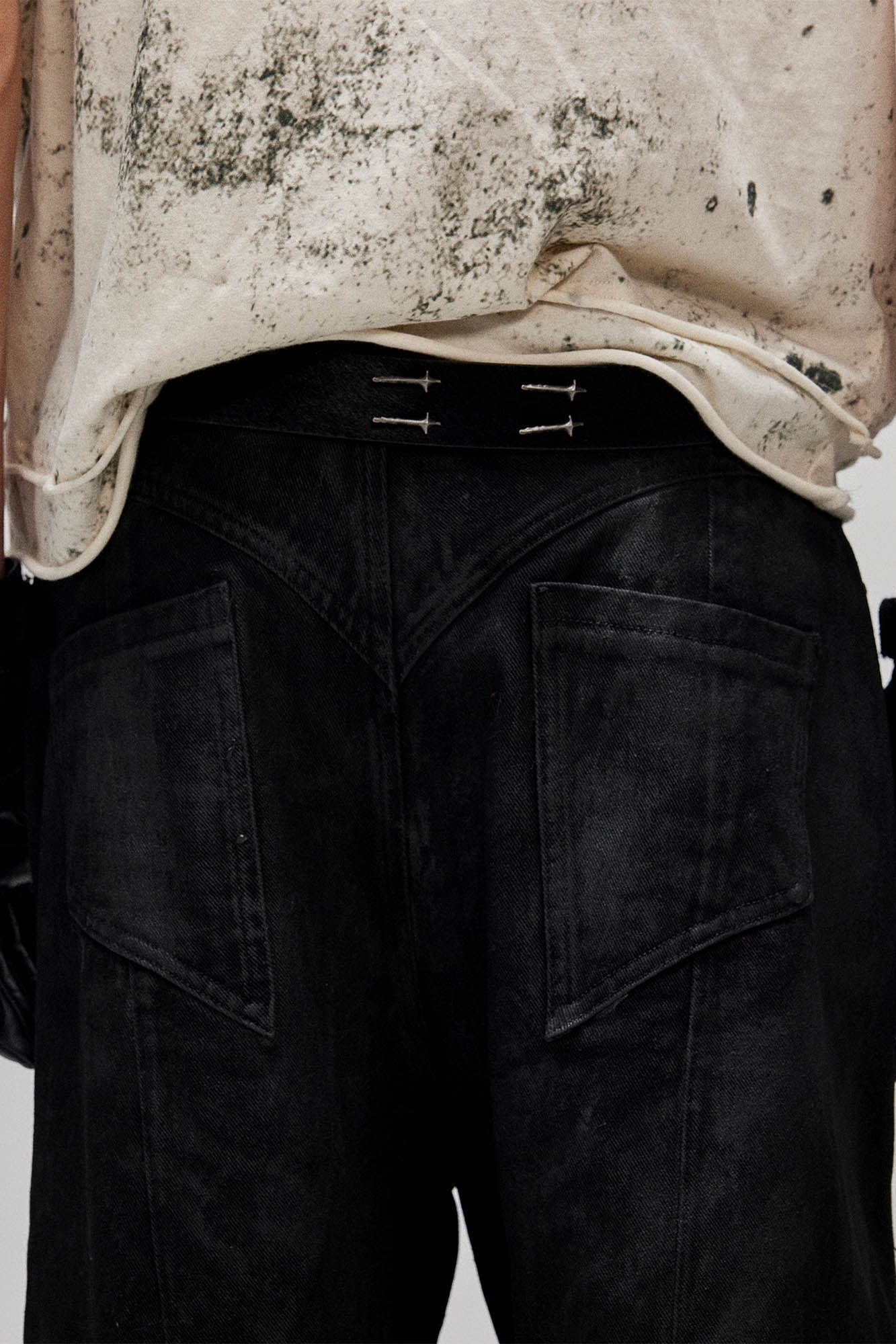 FLYERRER Distressed Waxed Zipper-Paneled Scimitar Pants