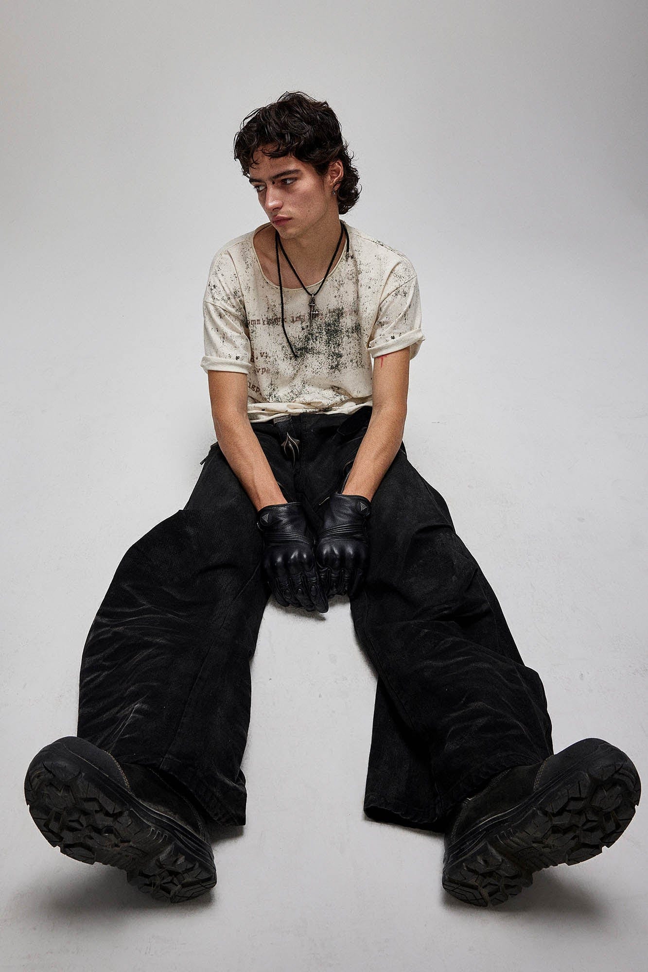 FLYERRER Distressed Waxed Zipper-Paneled Scimitar Pants