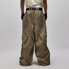 FLYERRER Distressed Eyelet-Side Big-Pocket Pleated-Knee Cargo