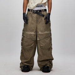 FLYERRER Distressed Eyelet-Side Big-Pocket Pleated-Knee Cargo