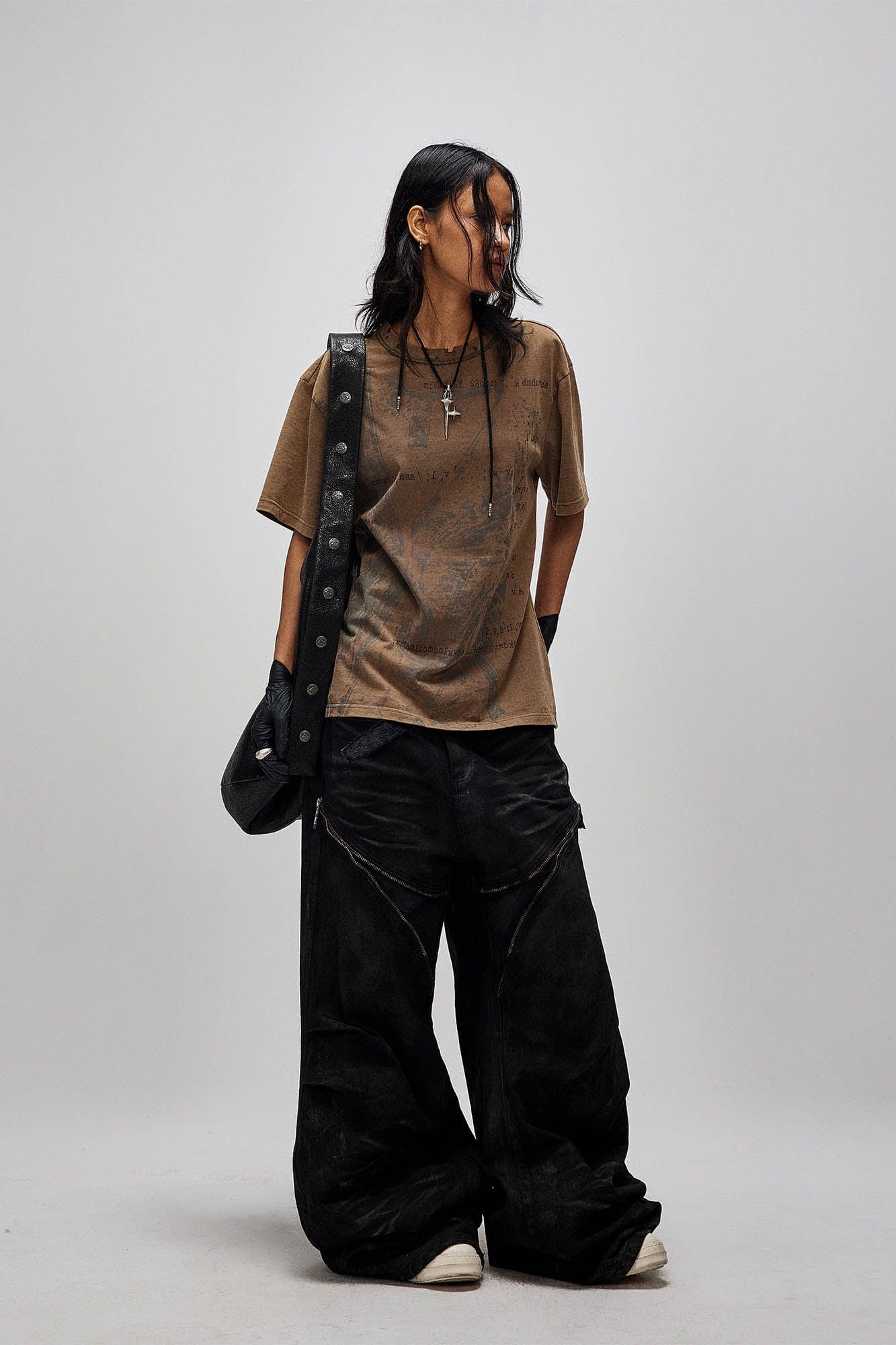 FLYERRER Distressed Waxed Zipper-Paneled Scimitar Pants