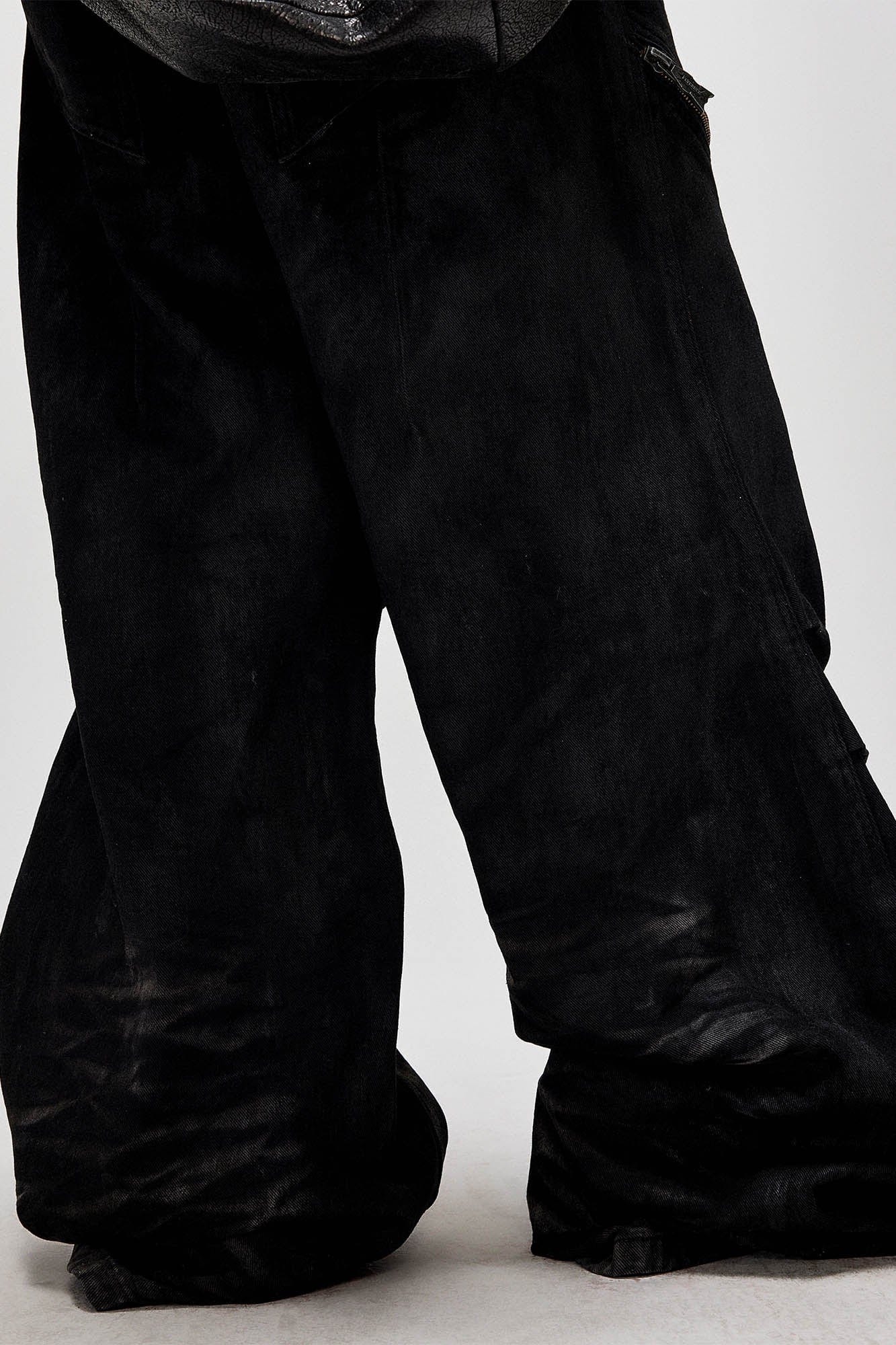 FLYERRER Distressed Waxed Zipper-Paneled Scimitar Pants