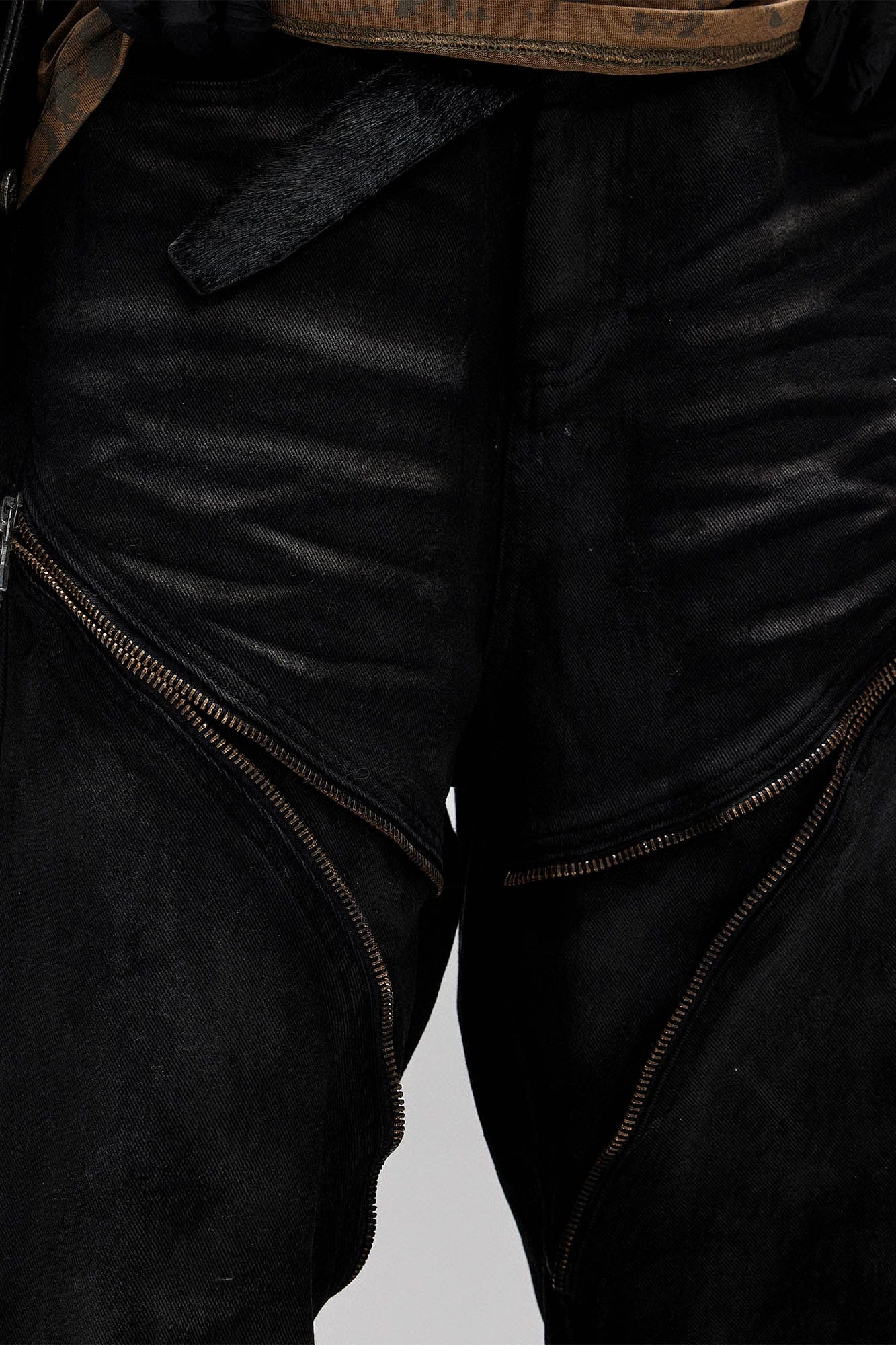 FLYERRER Distressed Waxed Zipper-Paneled Scimitar Pants