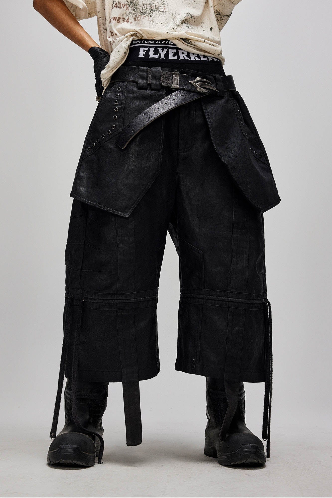 FLYERRER Waxed Layered Drape Strap Shorts