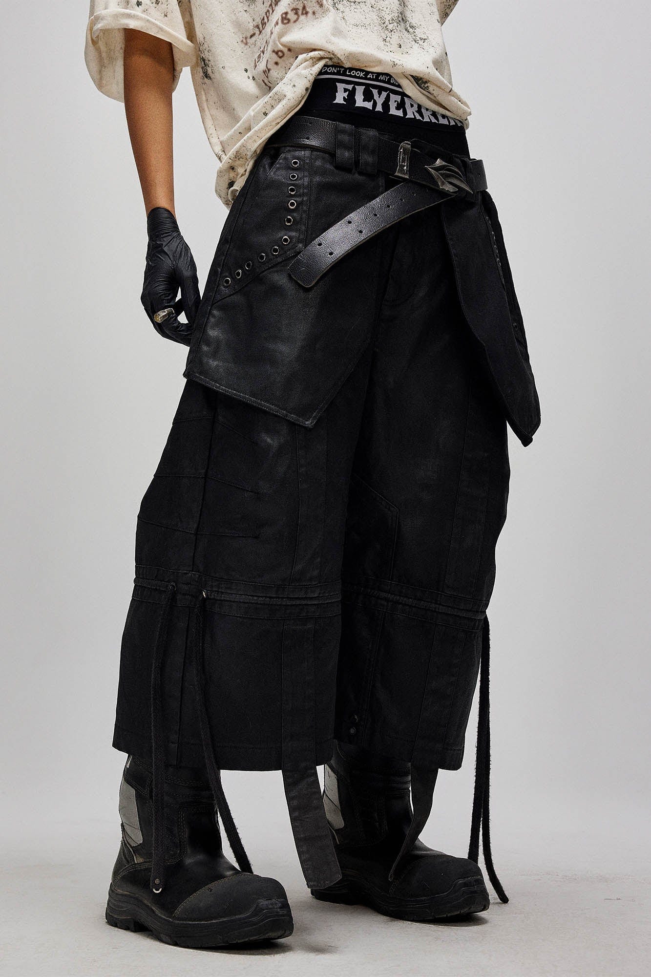 FLYERRER Waxed Layered Drape Strap Shorts