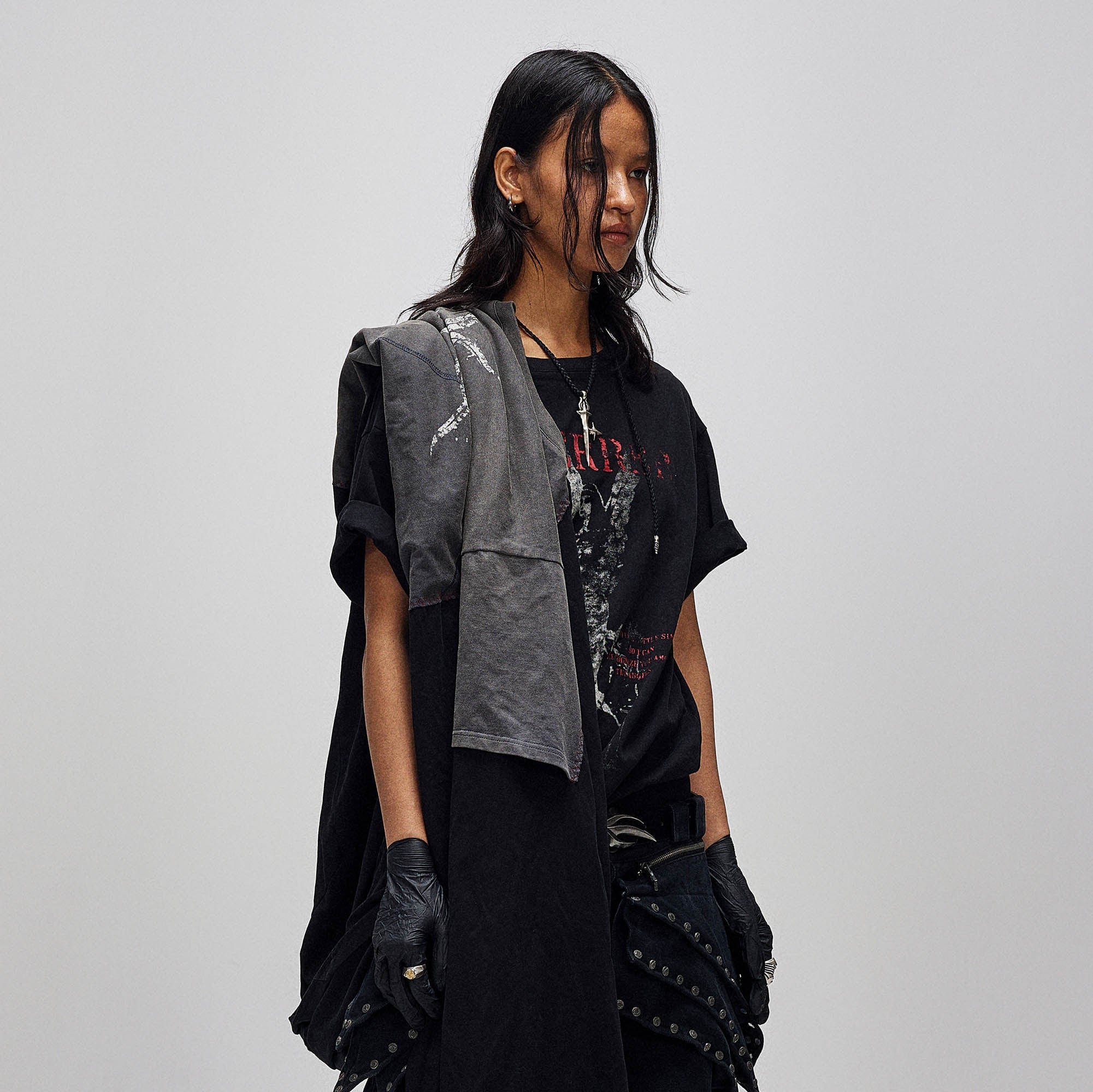 FLYERRER Asymmetrical Twin-Layer Draped T-Shirt