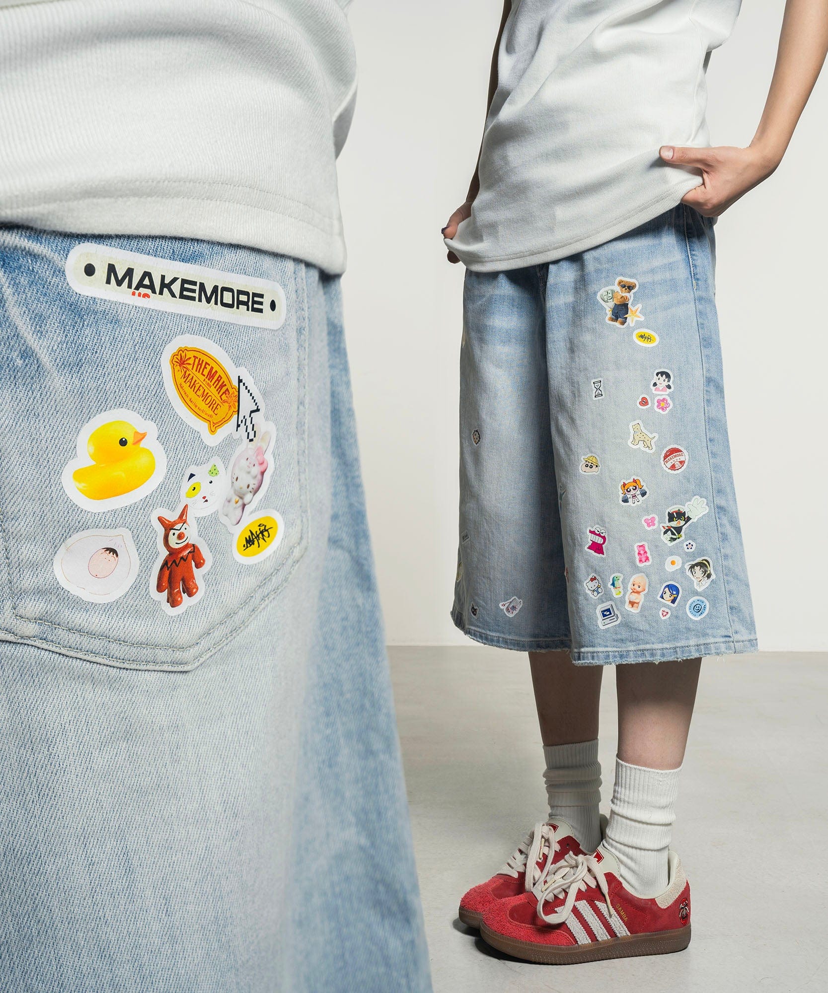 MAKEMORE Anime Sticker Washed Denim Shorts