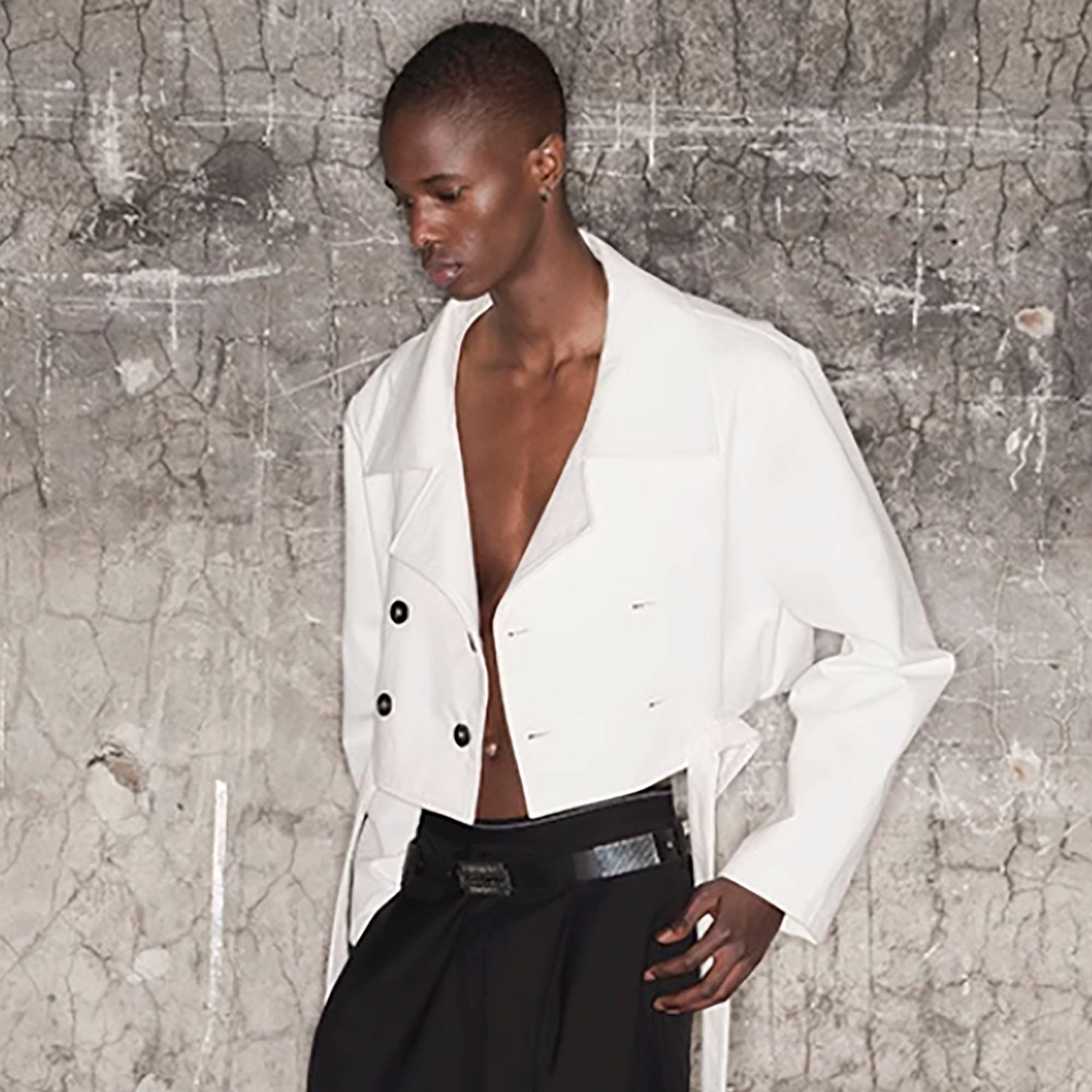 TRIANGLE PROJECT Cropped Asymmetrical Double-Breasted Cropped Jacket