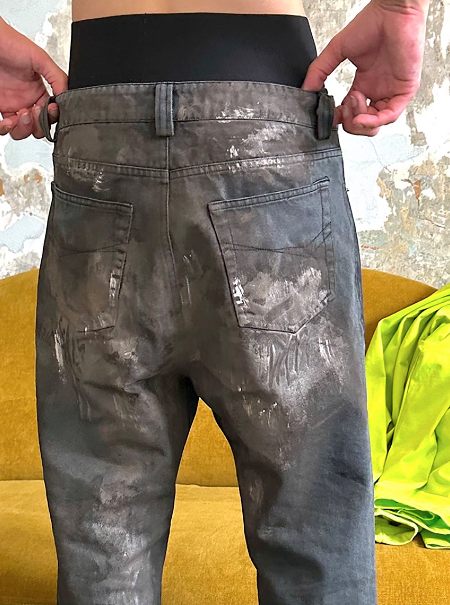 TRIANGLE PROJECT Dirty-Washed Paint-Splattered Straight-Leg Denim Pants