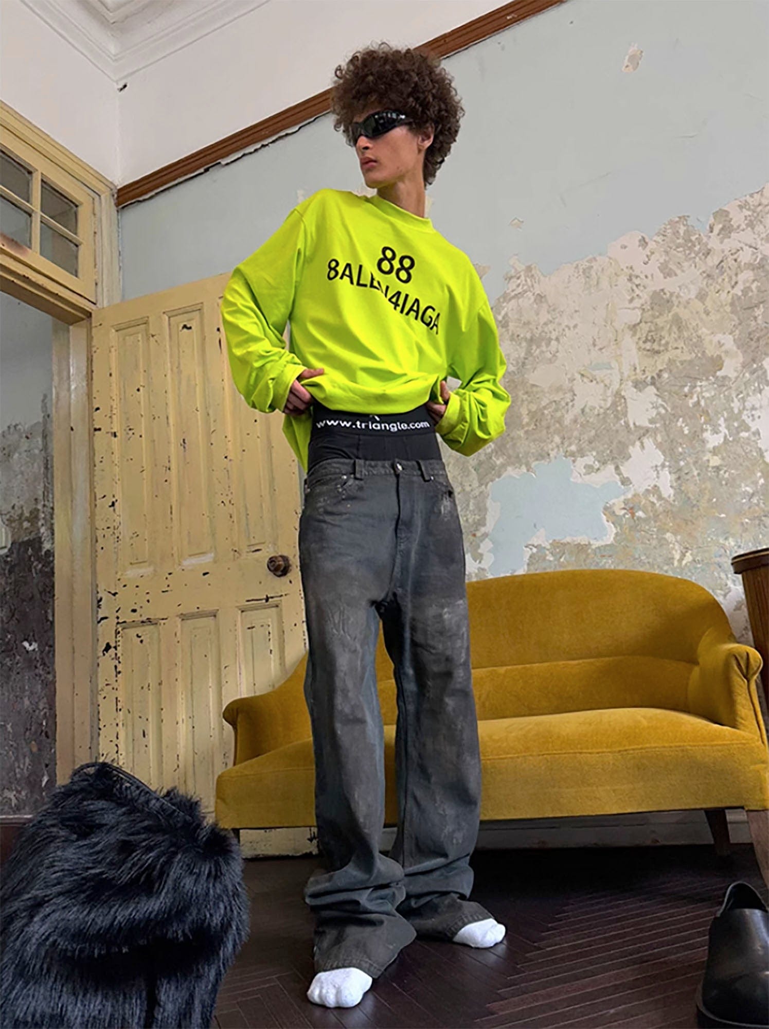 TRIANGLE PROJECT Dirty-Washed Paint-Splattered Straight-Leg Denim Pants