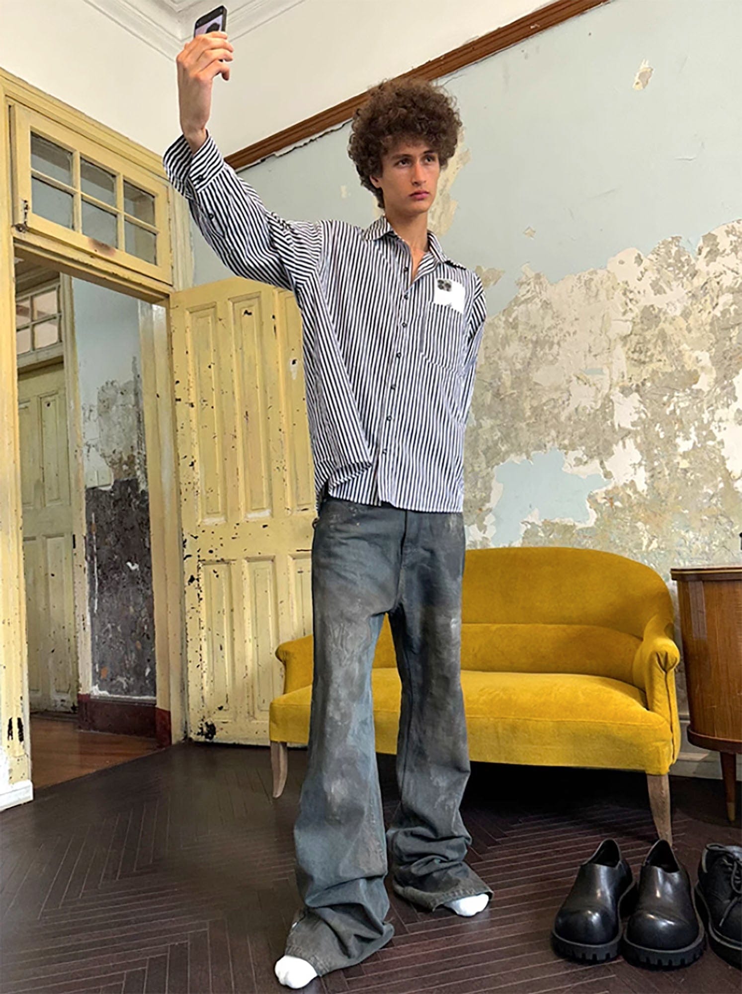 TRIANGLE PROJECT Dirty-Washed Paint-Splattered Straight-Leg Denim Pants