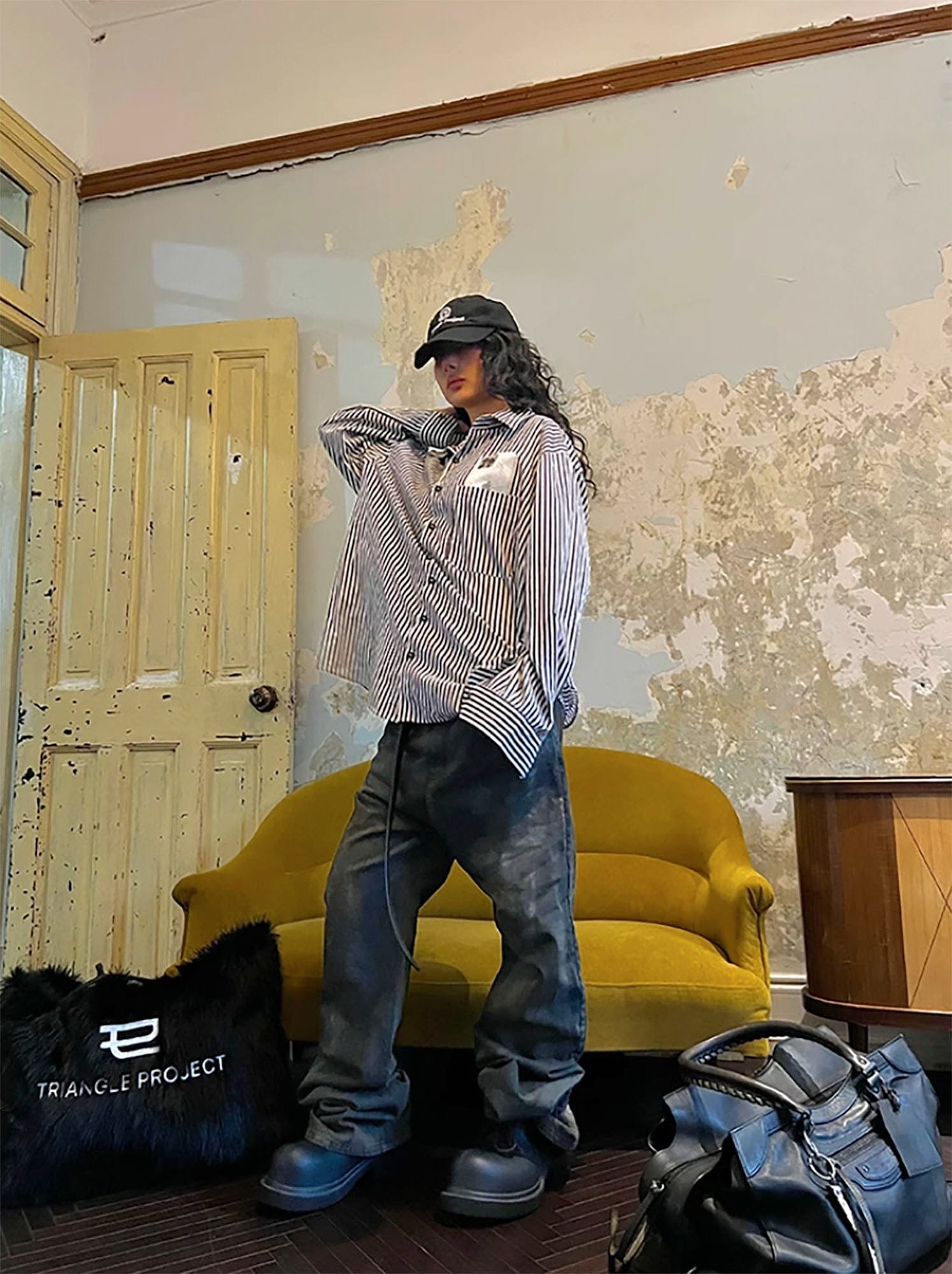 TRIANGLE PROJECT Dirty-Washed Paint-Splattered Straight-Leg Denim Pants