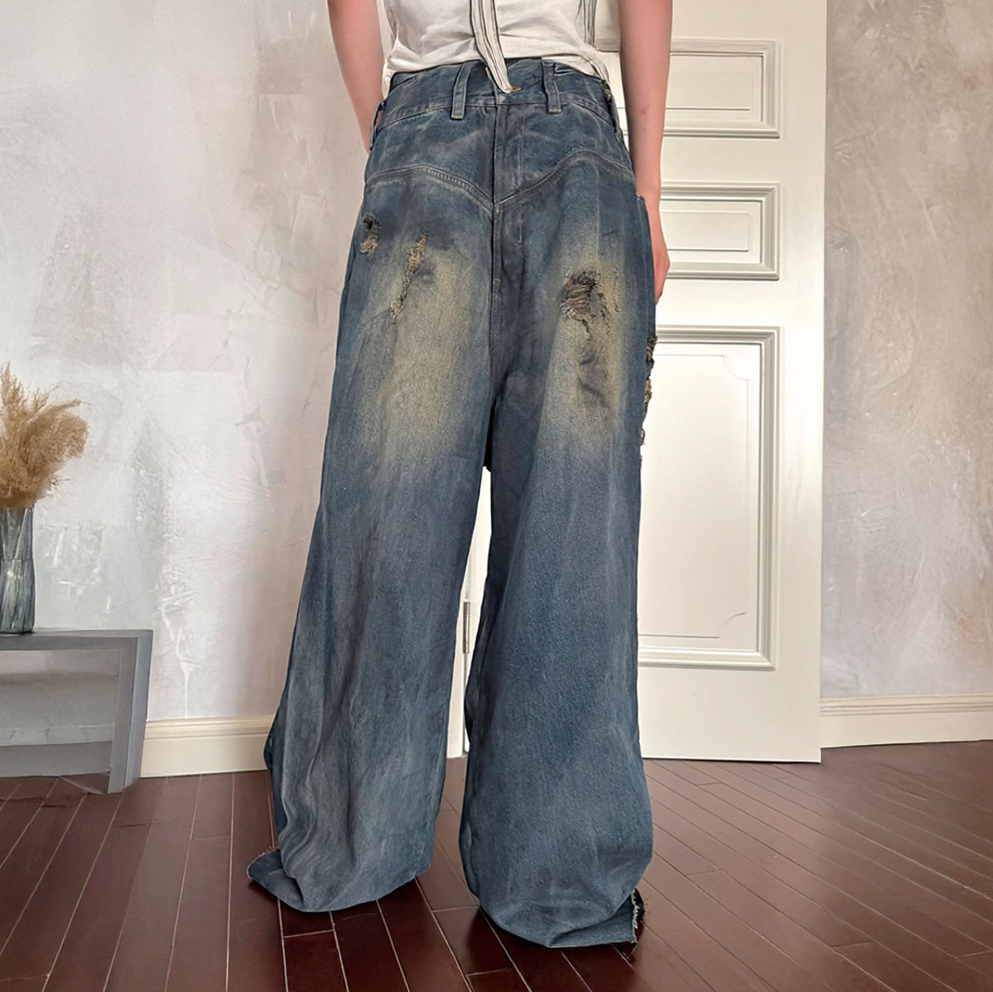TRIANGLE PROJECT Layered Washed Oversized Ripped Jeans