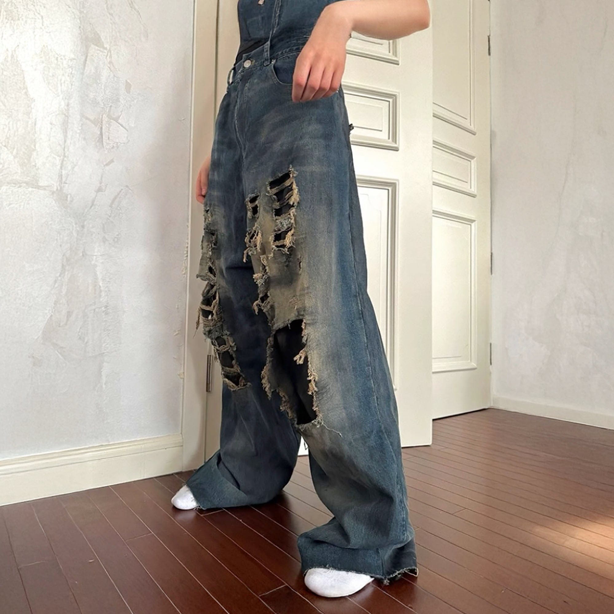 TRIANGLE PROJECT Layered Washed Oversized Ripped Jeans