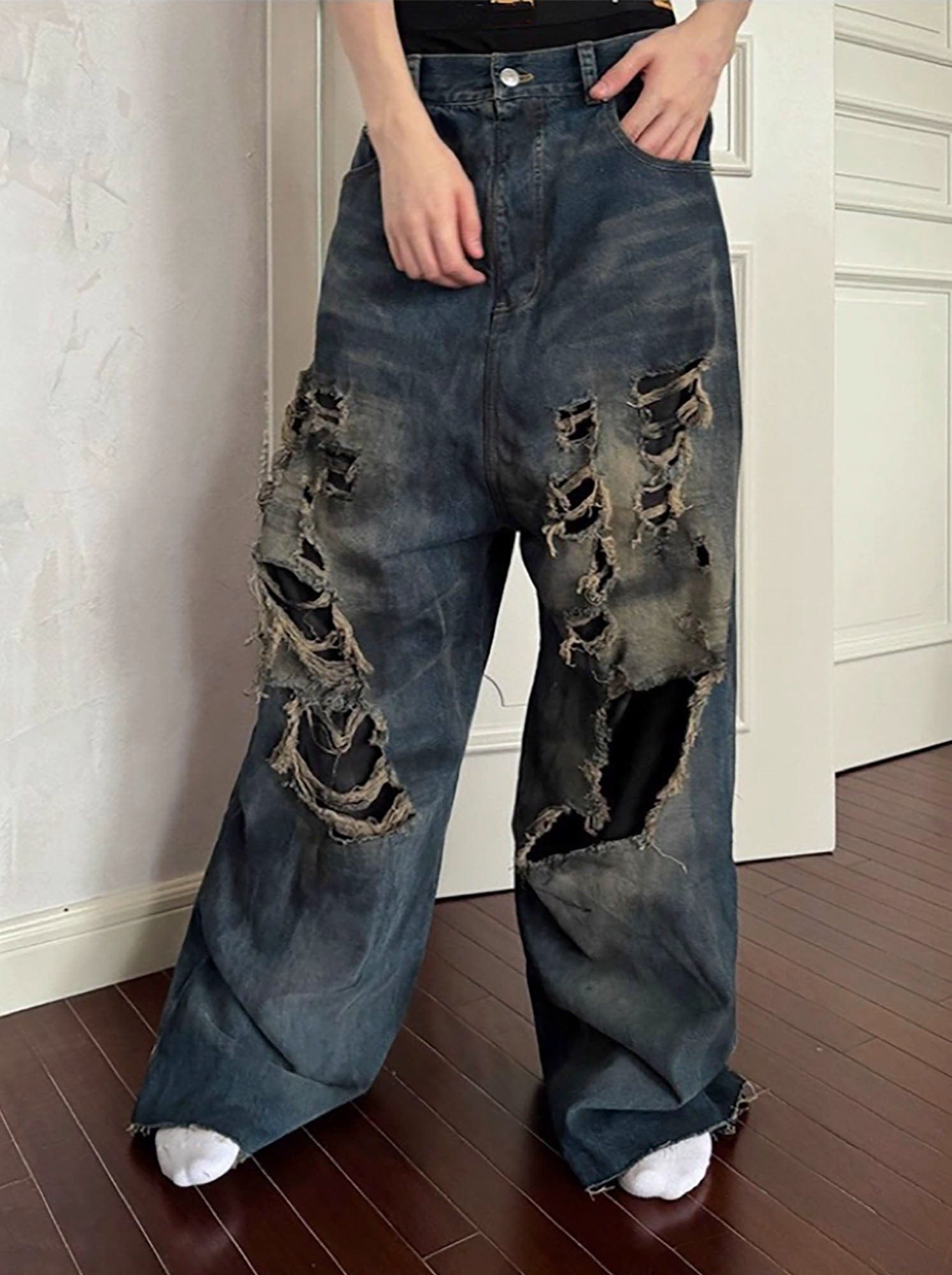 TRIANGLE PROJECT Layered Washed Oversized Ripped Jeans