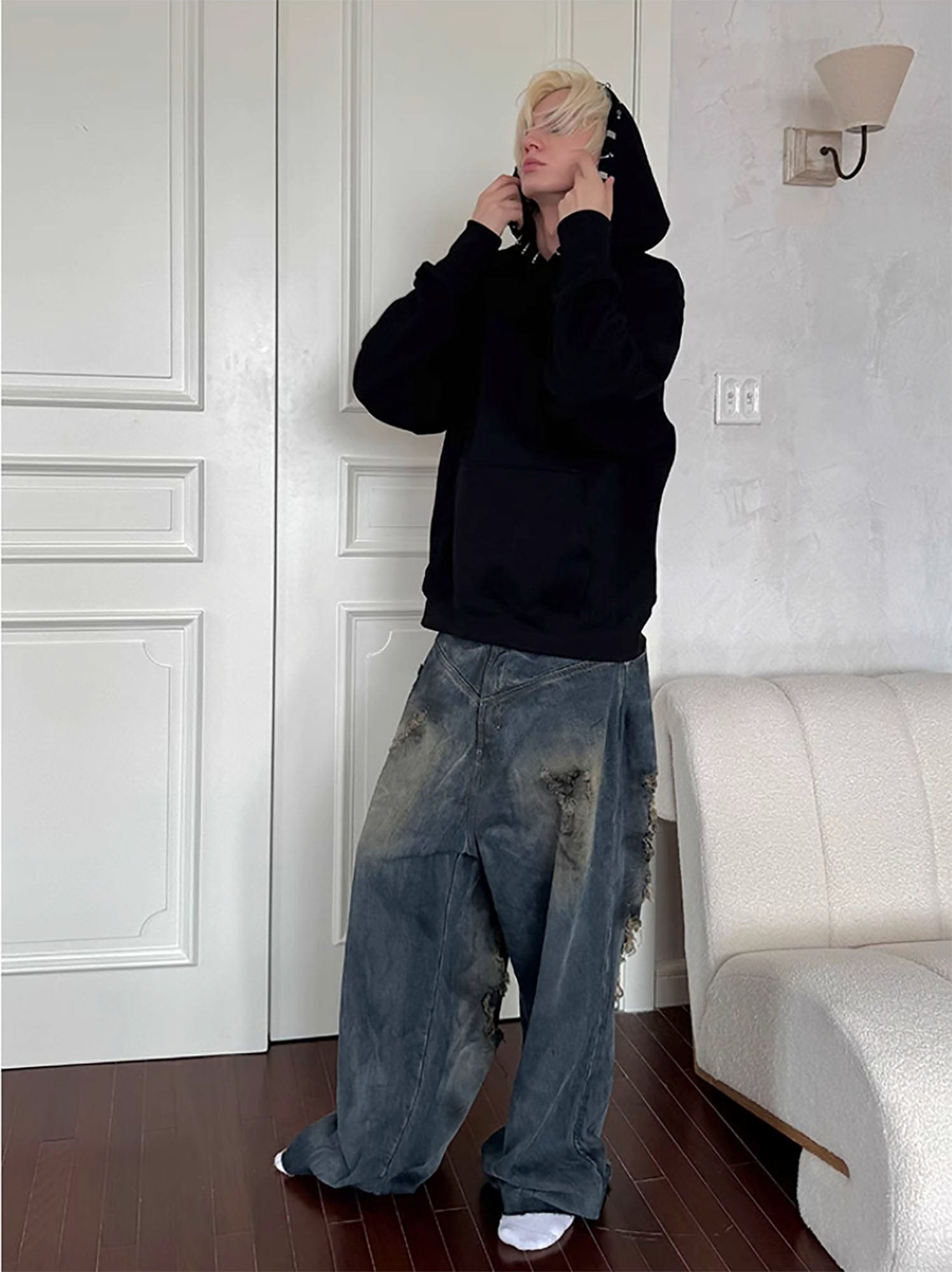 TRIANGLE PROJECT Layered Washed Oversized Ripped Jeans