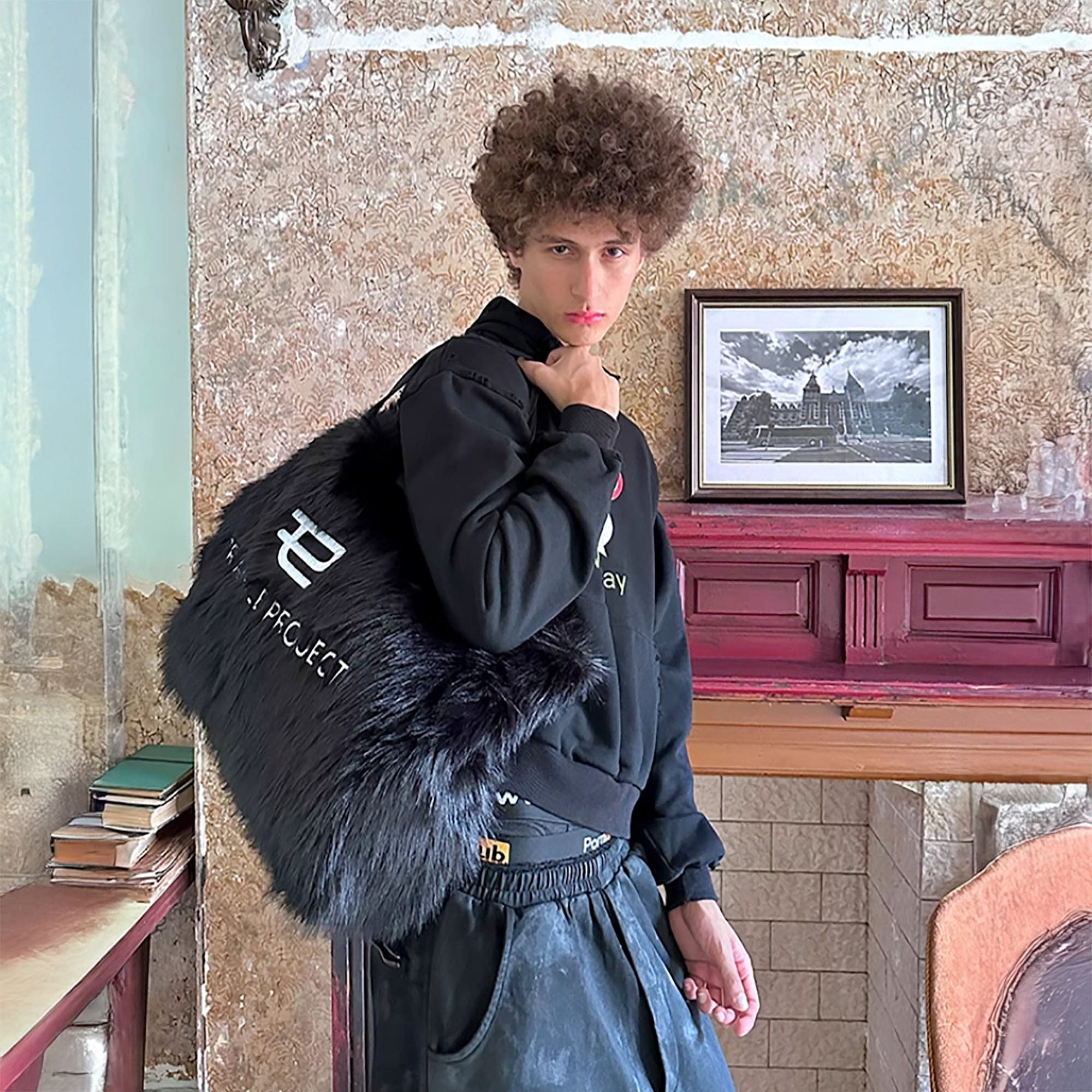 TRIANGLE PROJECT Fluffy Faux Fur LOGO Embroidery Oversized Tote