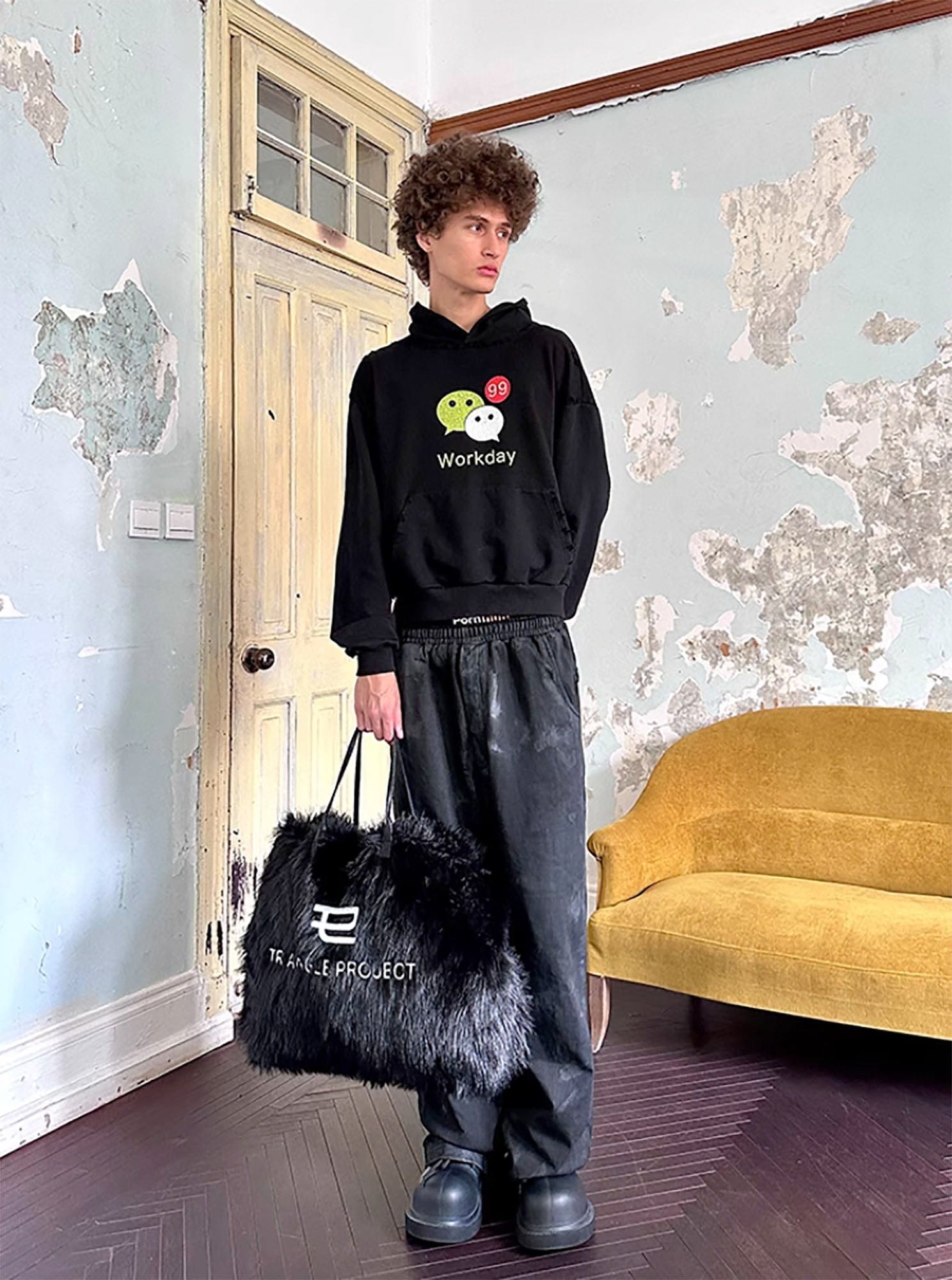 TRIANGLE PROJECT Fluffy Faux Fur LOGO Embroidery Oversized Tote