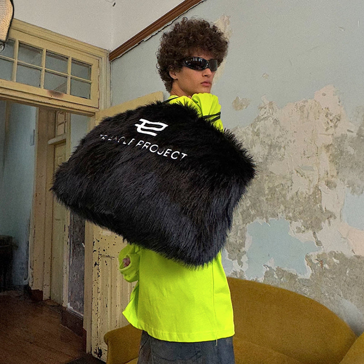 TRIANGLE PROJECT Fluffy Faux Fur LOGO Embroidery Oversized Tote